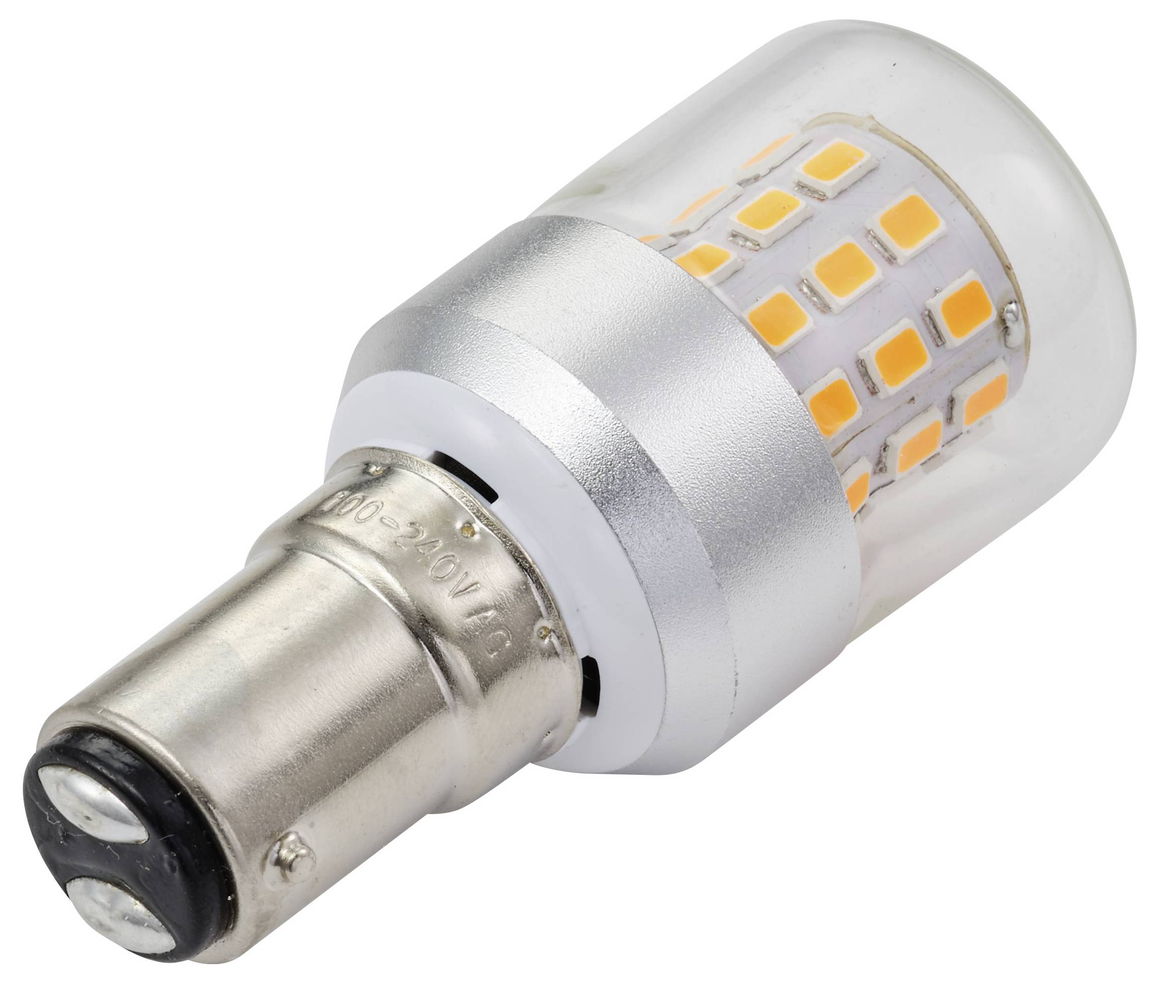 Eine Nahaufnahme einer LED-Glühbirne mit einer metallischen Basis und mehreren kleinen orangefarbenen Dioden in einem transparenten Gehäuse.