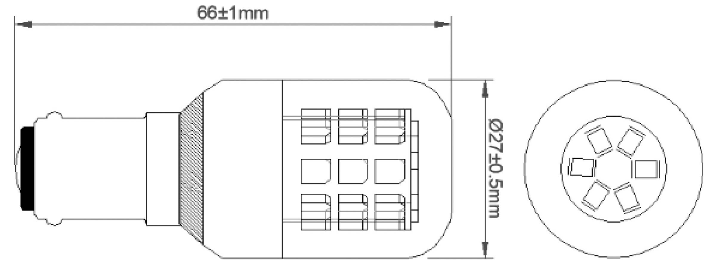 Technische Zeichnung einer LED-Glühbirne mit Dimensionen: Länge 66±1mm und Durchmesser Ø27±0,5mm. Ansichten von oben und der Seite enthalten.