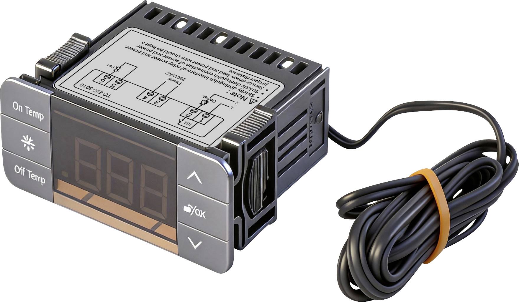 Digitales Thermostat mit Display und Konfigurationsschaltflächen auf der linken Seite, begleitet von einem aufgewickelten Temperatursensor auf der rechten Seite.