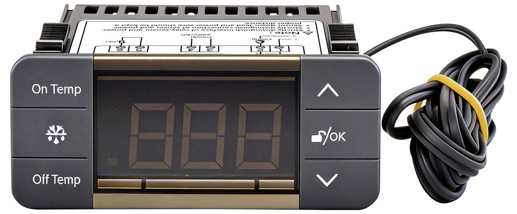 Ein digitales Temperaturkontrollgerät mit Tasten mit der Bezeichnung „On Temp", „Off Temp" und „OK/" neben einem angeschlossenen schwarzen Kabel.