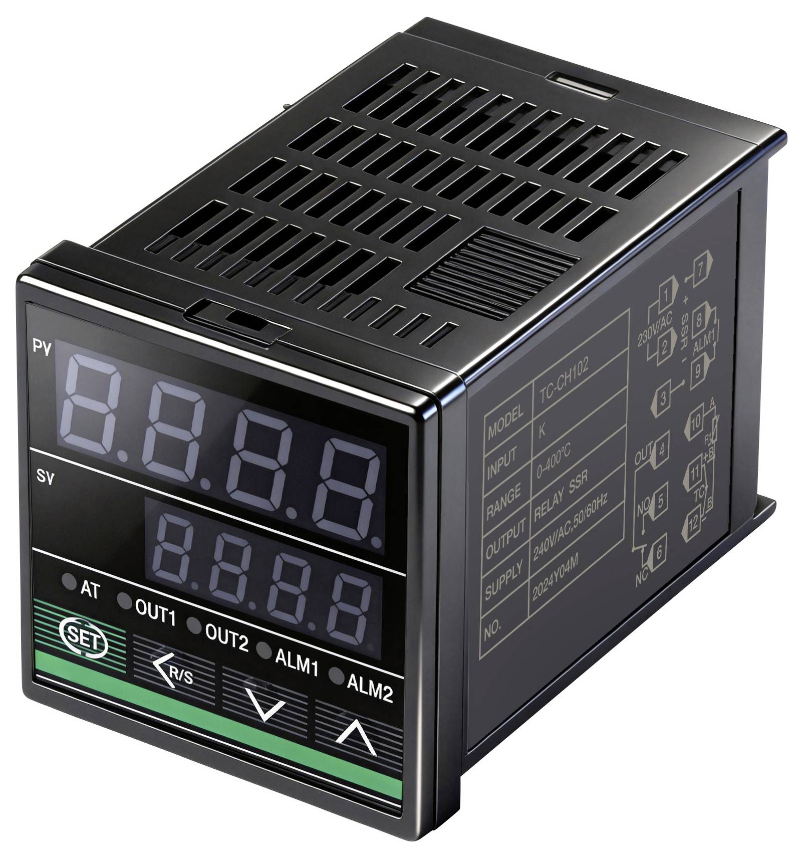 Ein digitaler Temperaturregler mit zwei LED-Anzeigen mit den Bezeichnungen „PV