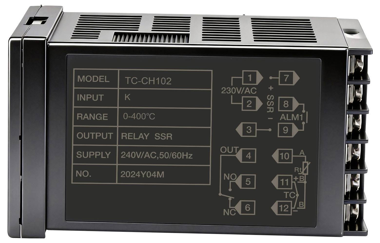 Digitaler Temperaturregler mit Modell TC-CH102, Eingangtyp K, Bereich 0-400°C, Ausgangsrelais SSR, Stromversorgung 240V AC, 50/60Hz.