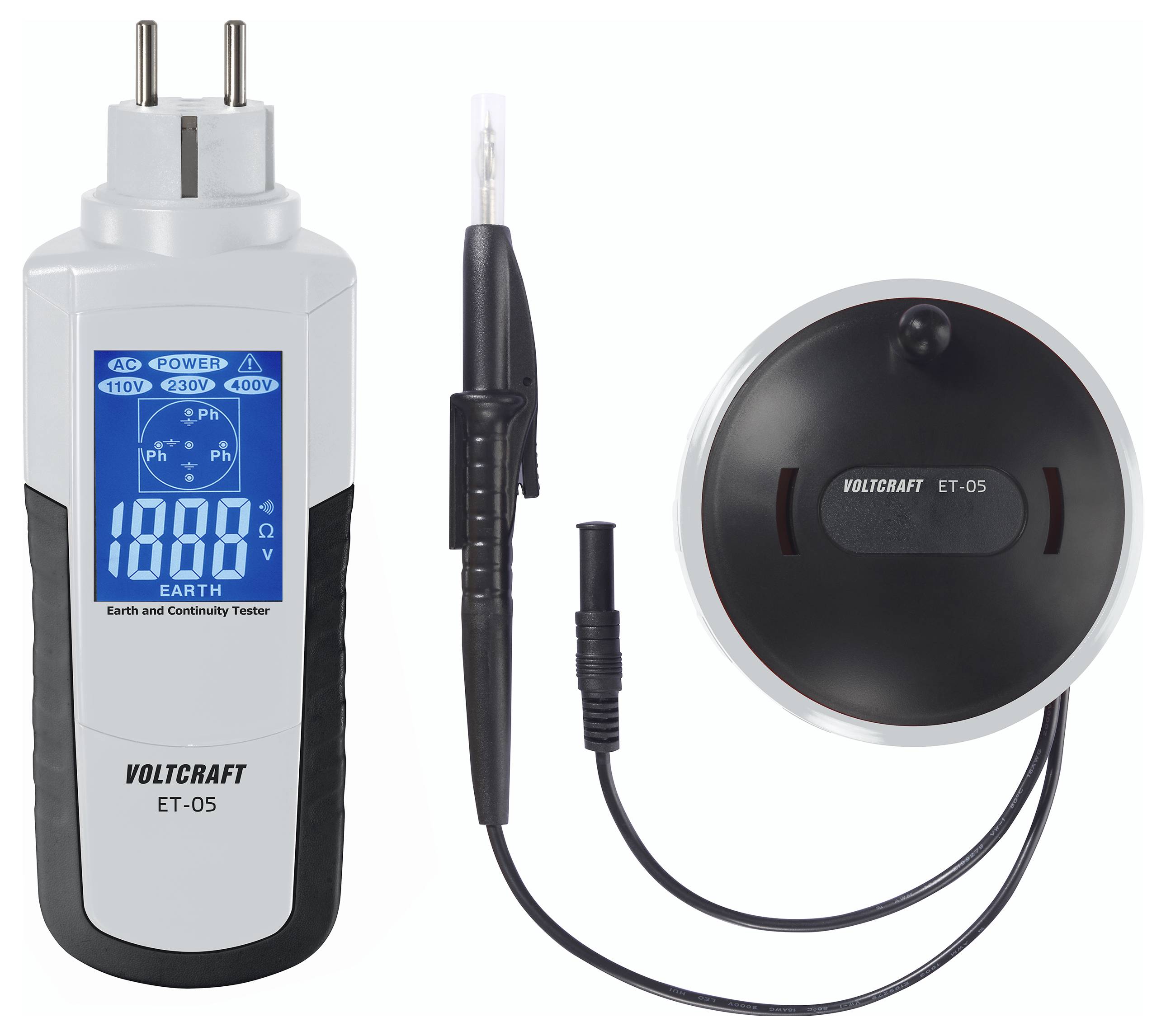 Ein Voltcraft ET-05 Erd- und Durchgangsprüfer mit Stecker und kreisförmigem Sensor. Der Bildschirm zeigt Messwerte an; die Messspitze ist angeschlossen.