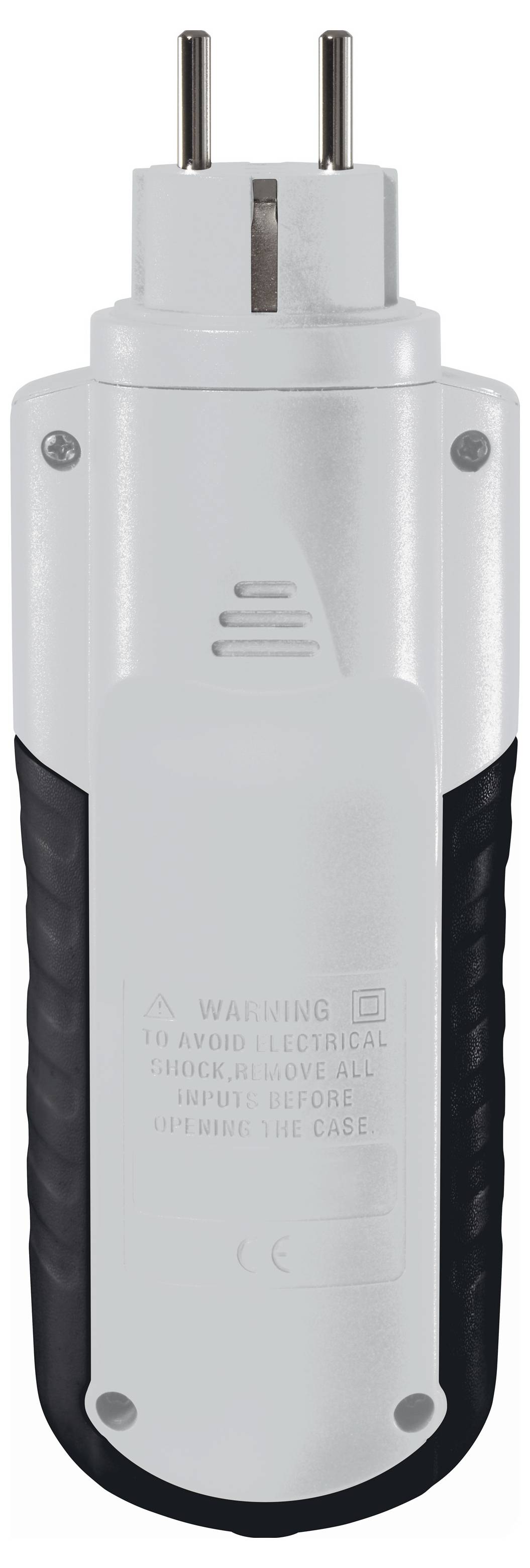 Ein tragbares elektrisches Gerät mit Stecker, ausgestattet mit Gummigriffen und einem Warnschild. Bestimmt für Steckverbindungen und Sicherheitsgebrauch.