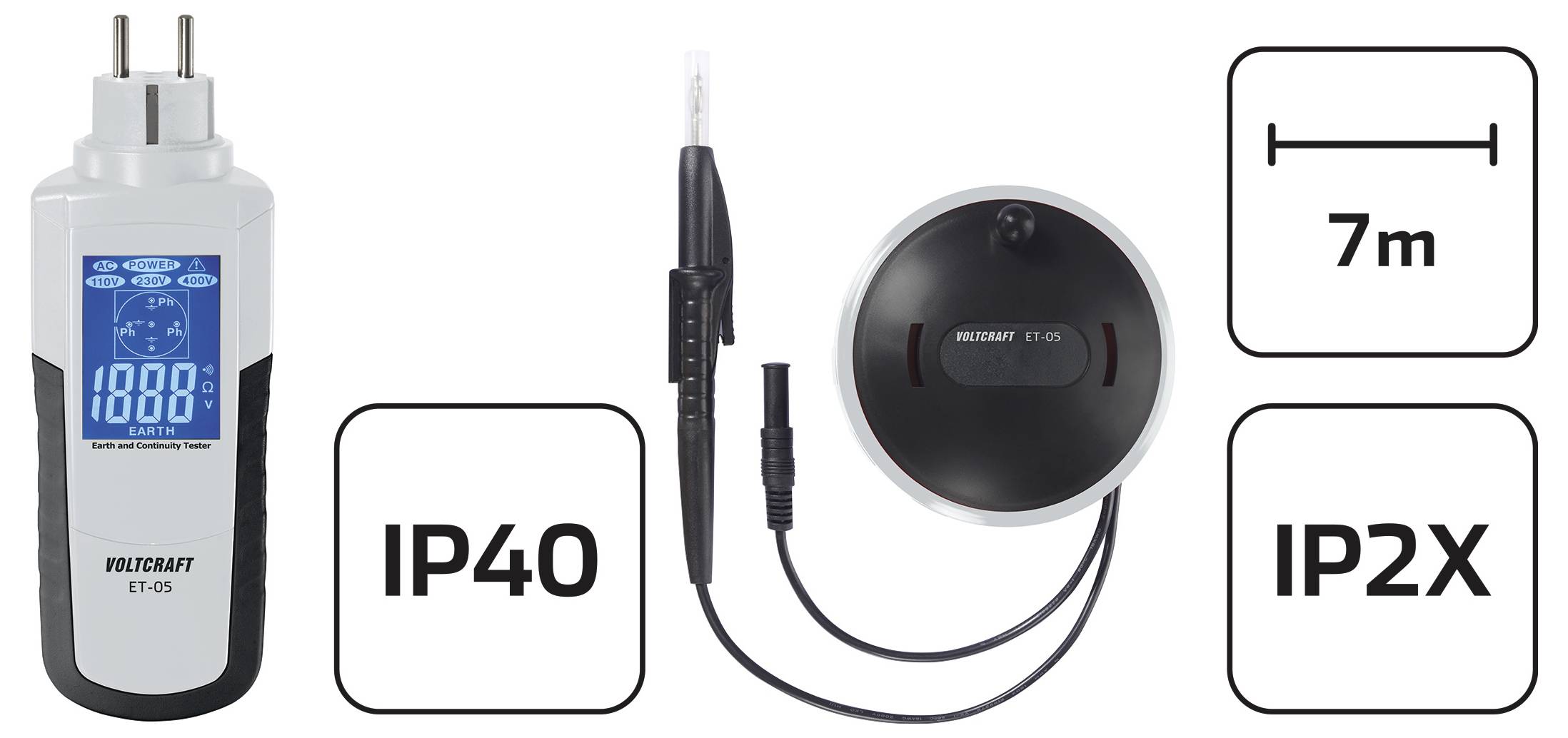 Digitales Isolationsprüfgerät ET-01 mit Schutzabdeckungen. Zeigt IP40- und IP2X-Bewertungen an, die Schutzgrade gegen Feststoffe und Feuchtigkeit angeben.