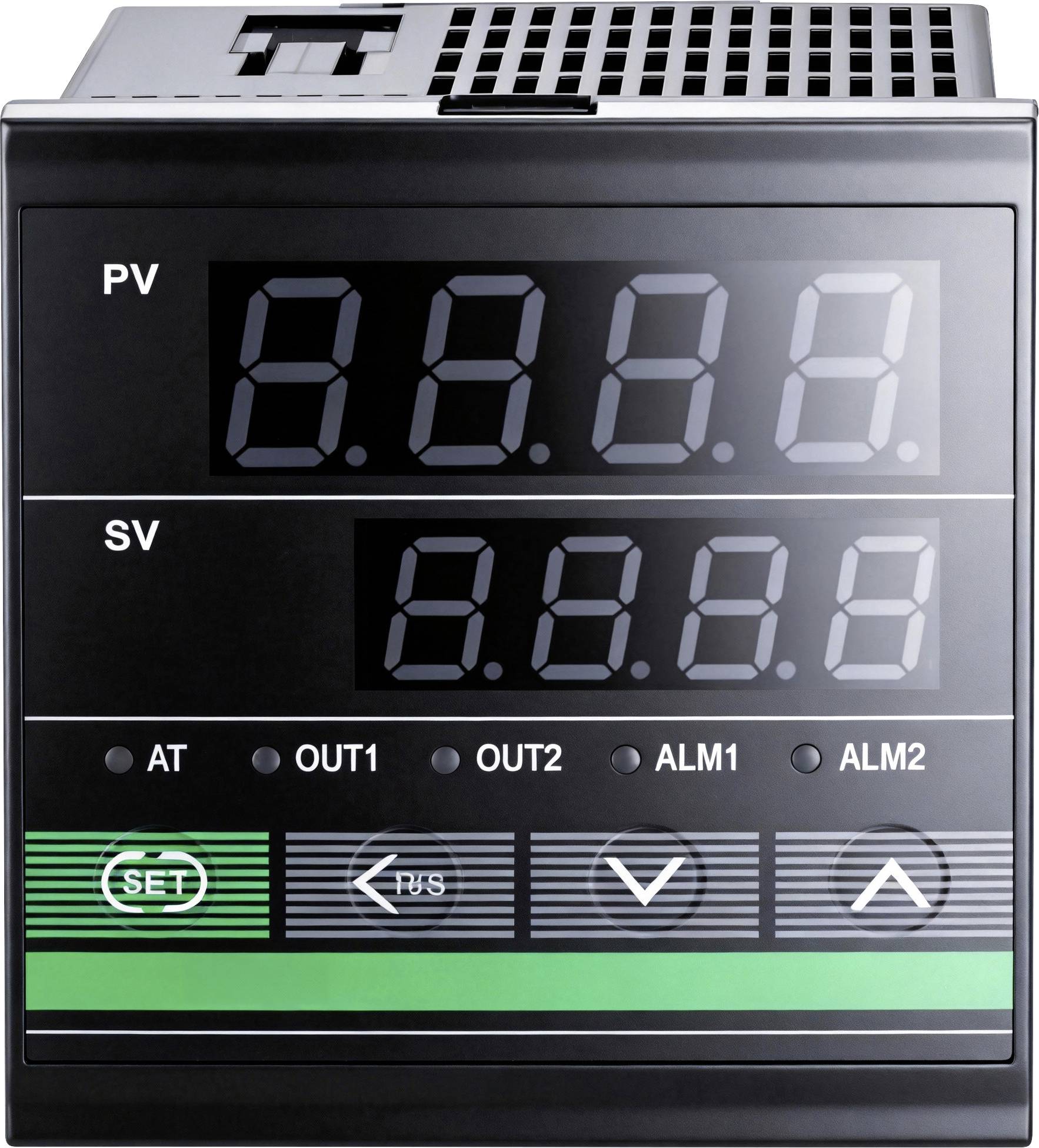 Digitale Bedienfeld-Anzeige mit PV- und SV-Werten, Tasten für Einstellungen, Alarme und Funktionsindikatoren zur Überwachung.