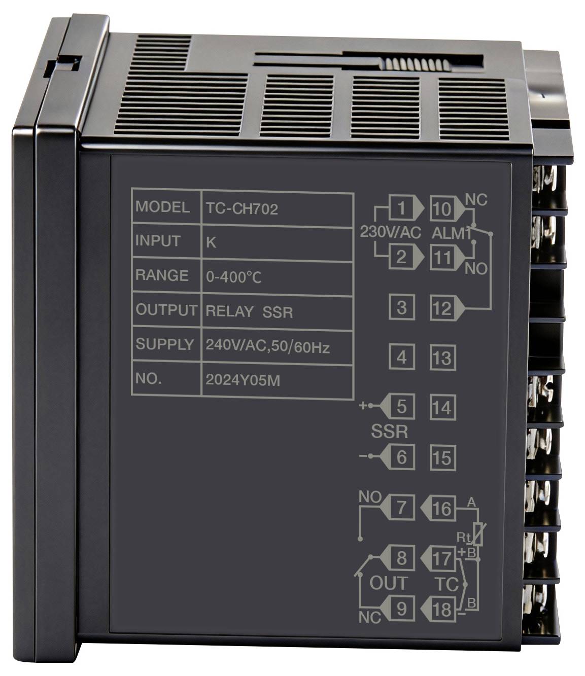 Industrieller Temperaturregler, Modell TC-CH702. Eingang: K, Bereich: 0-400°C, Ausgang: Relais SSR. Versorgung: 240V/AC, 50/60Hz.