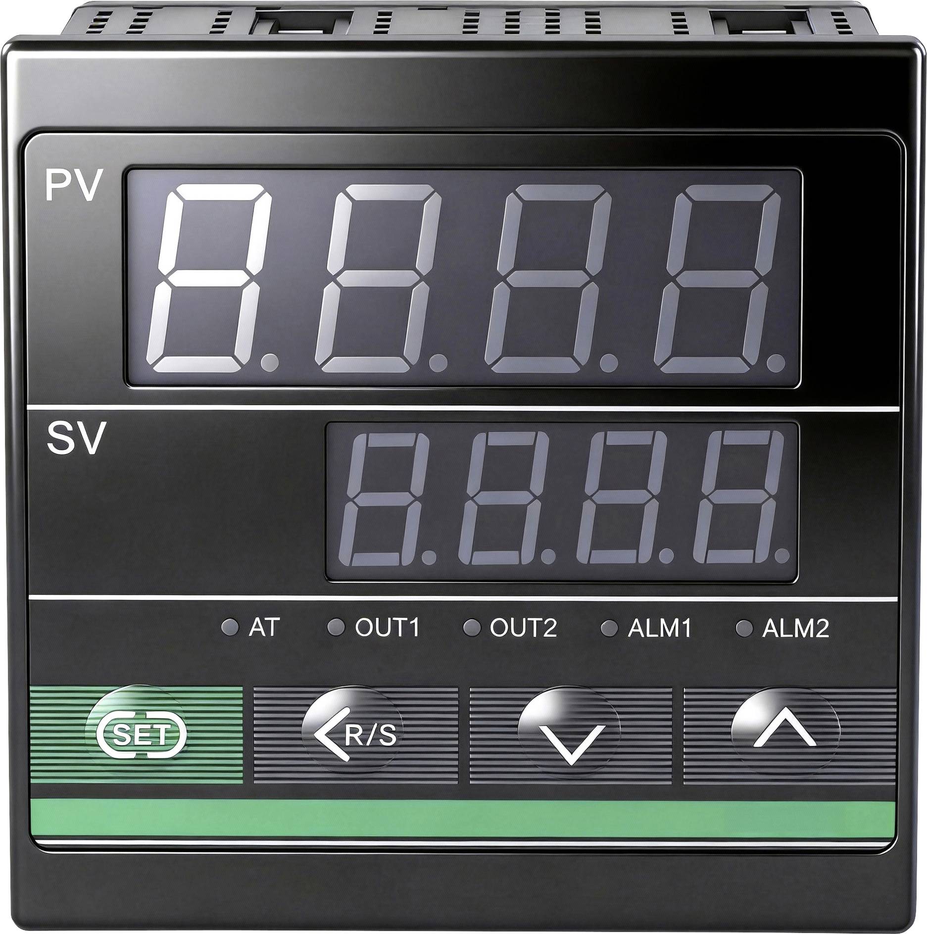 Digitaler Temperaturregler mit zwei Anzeigetafeln, beschriftet mit „PV