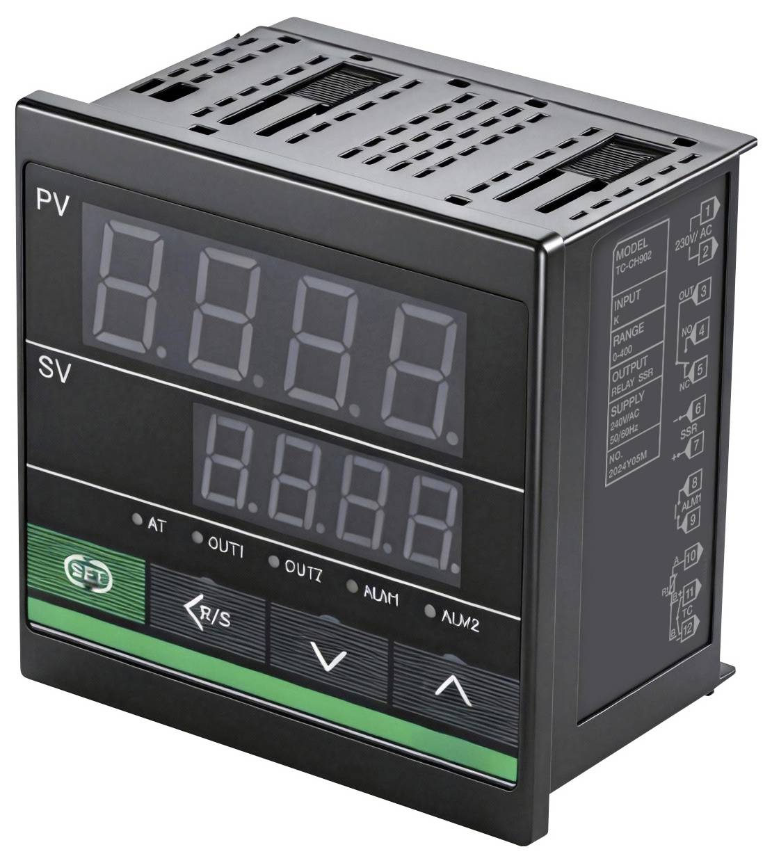 Ein digitaler Temperaturregler mit Anzeigetafeln für „PV