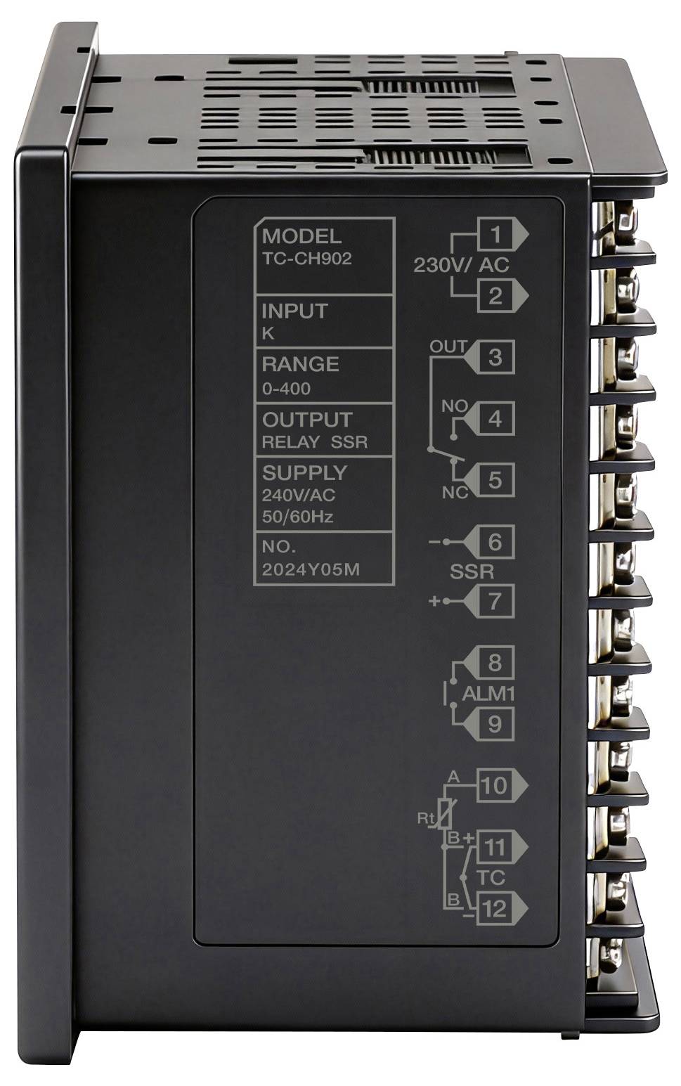 „Temperaturregler Modell TC-CH902, 230V AC-Eingang, Bereich 0-400. Ausgangsrelais SSR, 240V AC-Versorgung, 50/60Hz, Schaltplan zeigt Anschlussterminals.