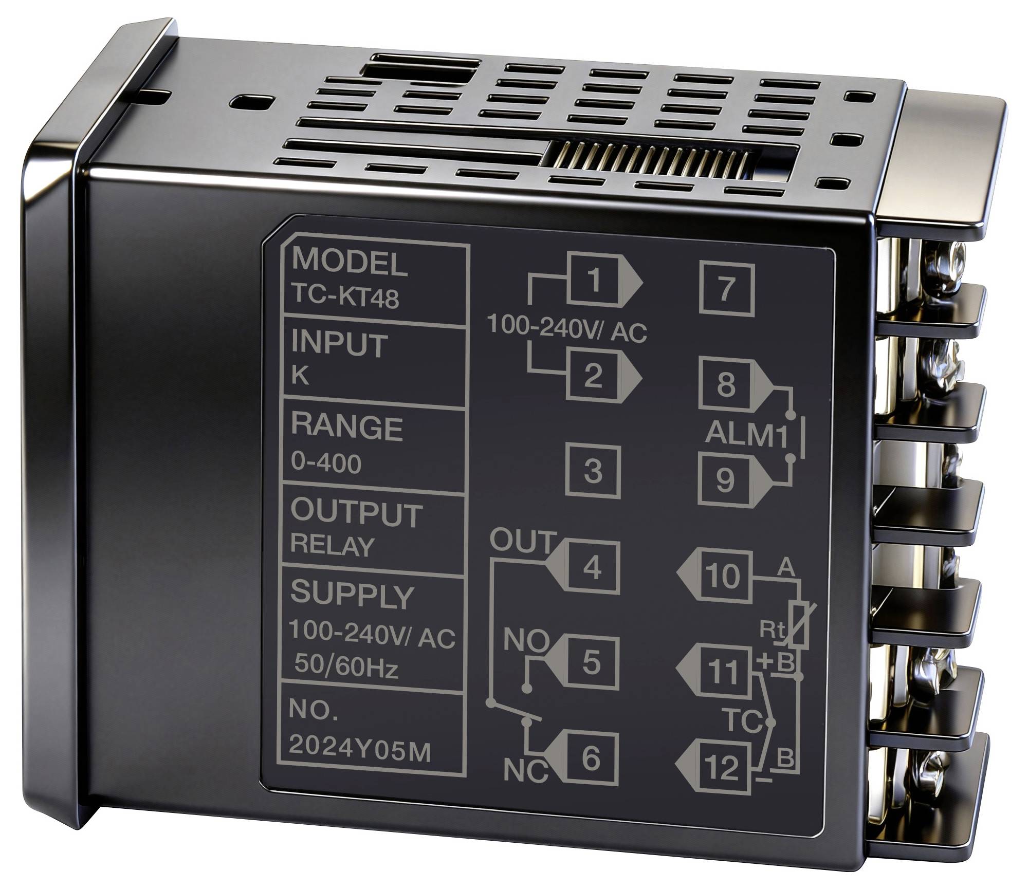 Ein digitaler Temperaturregler mit der Modellnummer TC-KT48, der den Eingabetyp K, einen Bereich von 0-400, eine Stromversorgung von 100-240V AC und Relaisausgänge anzeigt.