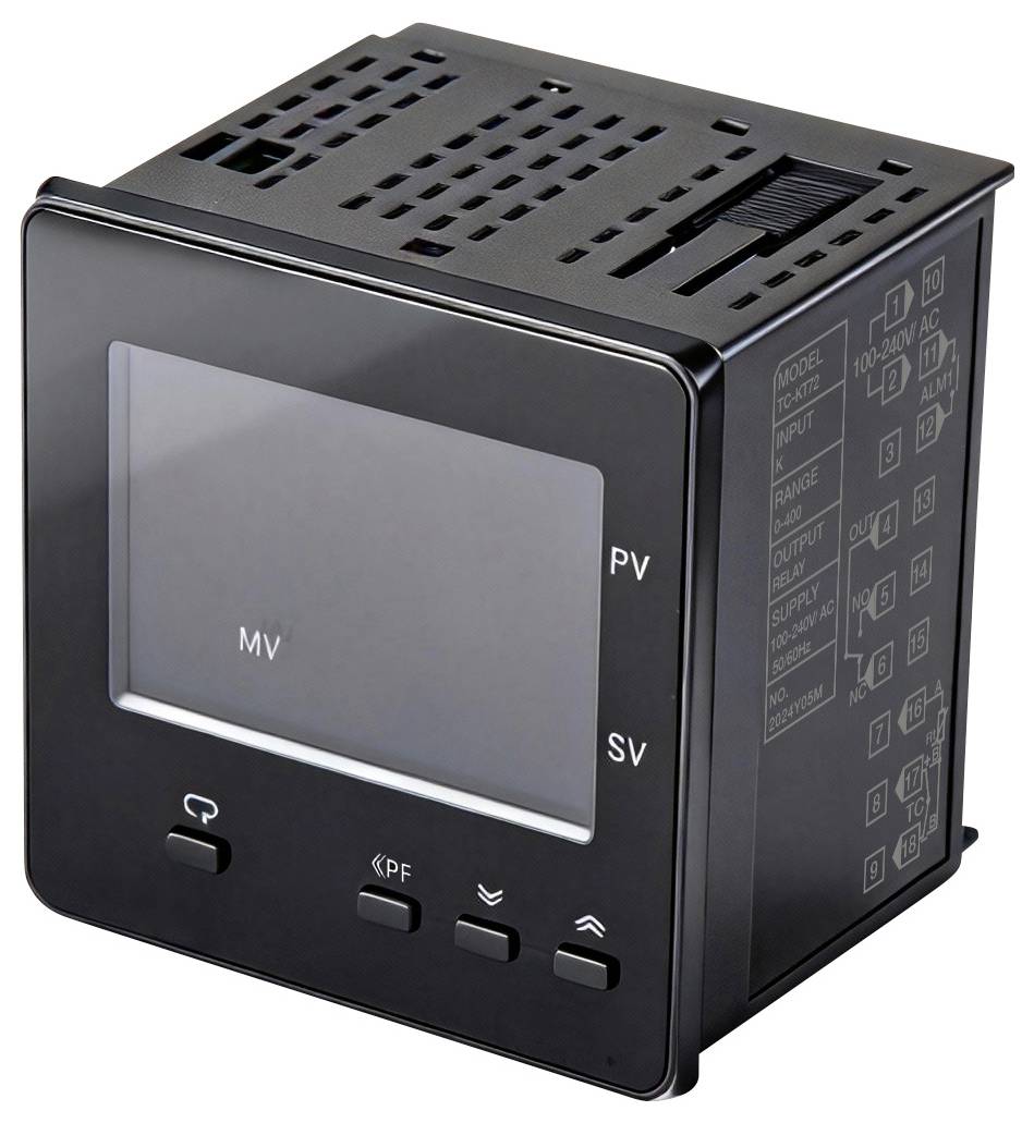 Ein schwarzes digitales Bedienfeld mit Tasten, wahrscheinlich zur Überwachung und Kontrolle elektrischer Parameter wie Spannung und Strom.
