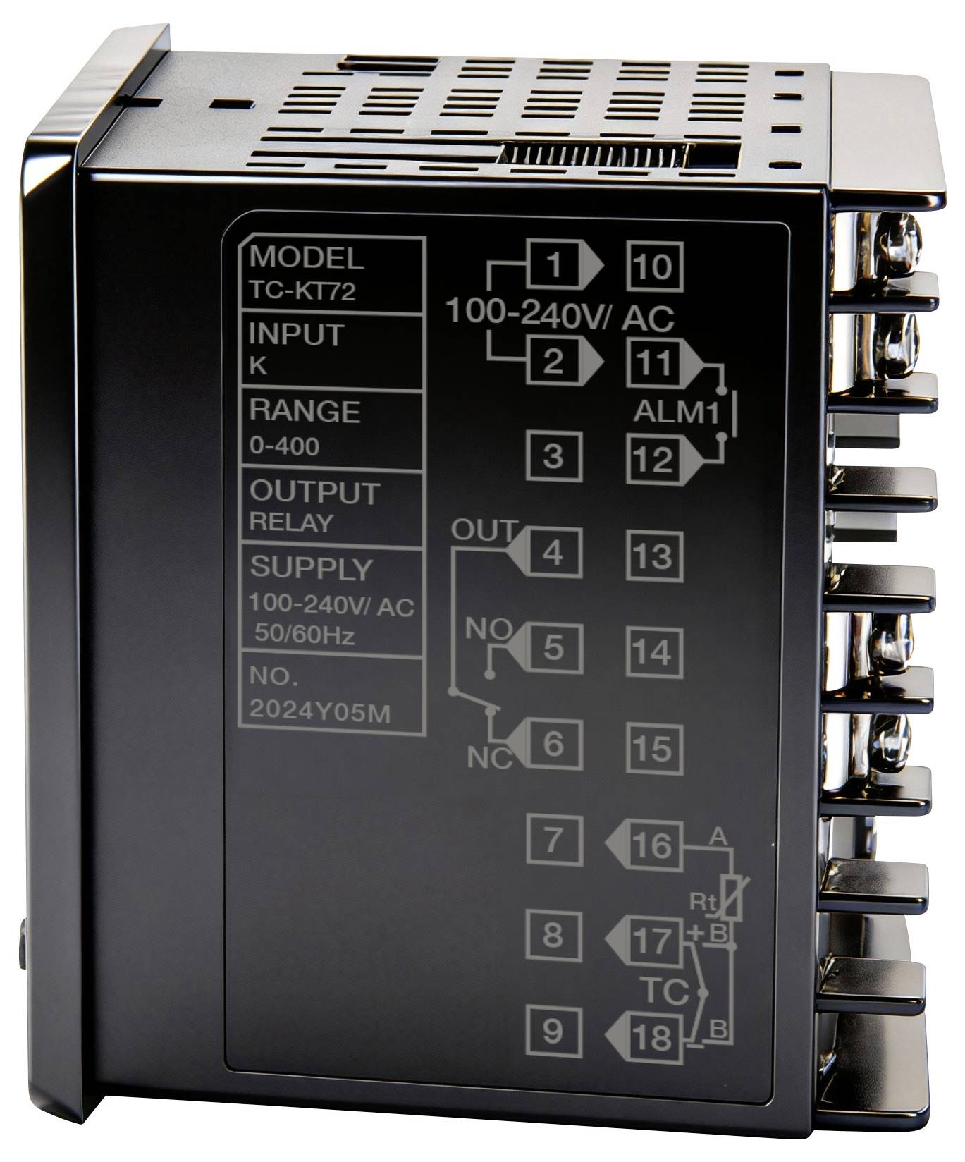 Ein elektronisches Steuergerät mit beschrifteten Anschlüssen, einschließlich Modell 'TC-KT72', Eingang 'K', Bereich '0-400' und Stromversorgung '100-240V AC'.