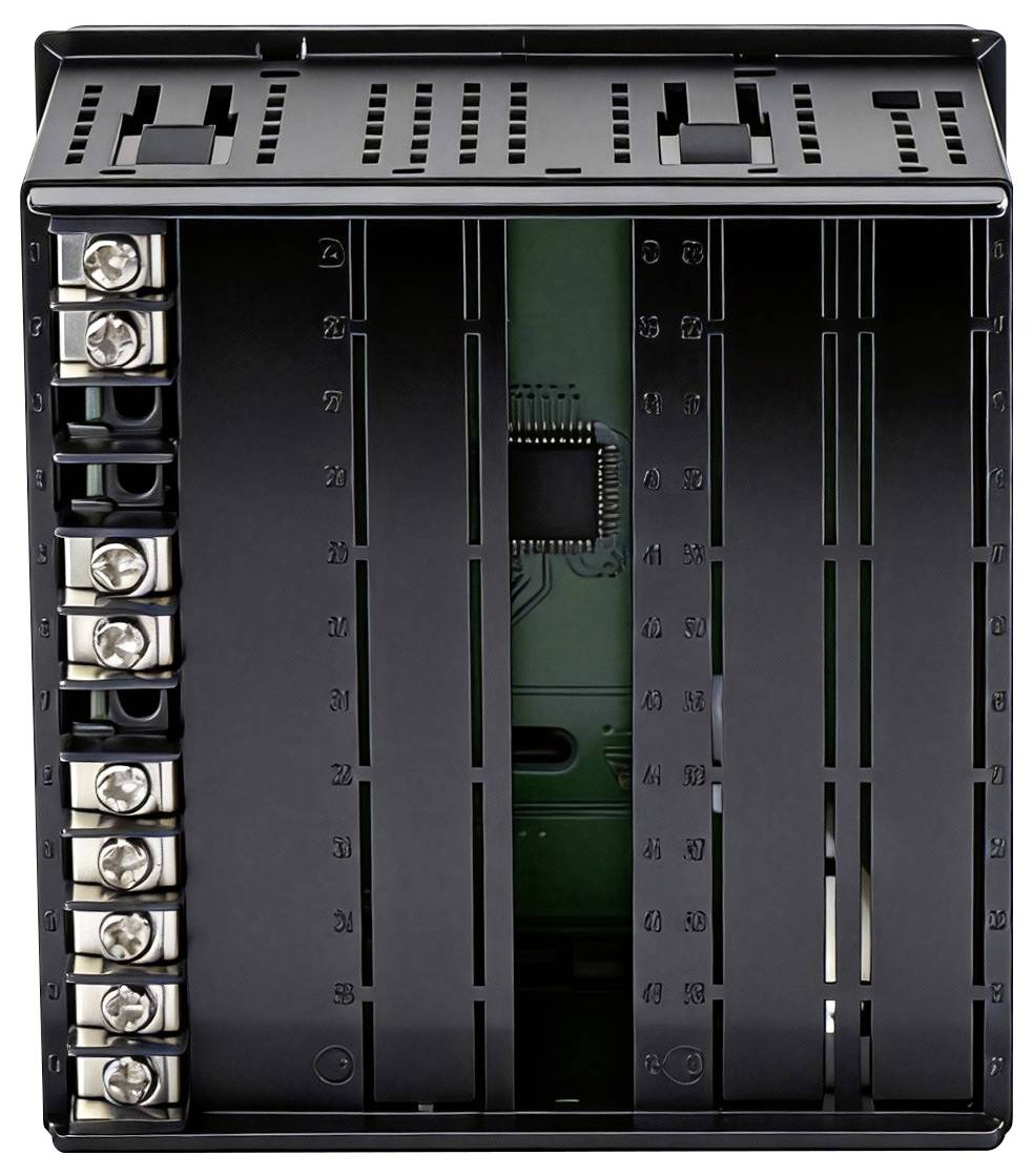 Schwarzes elektronisches Modul mit nummerierten Klemmleisten auf der linken Seite und Steckplätzen für Verbindungen.