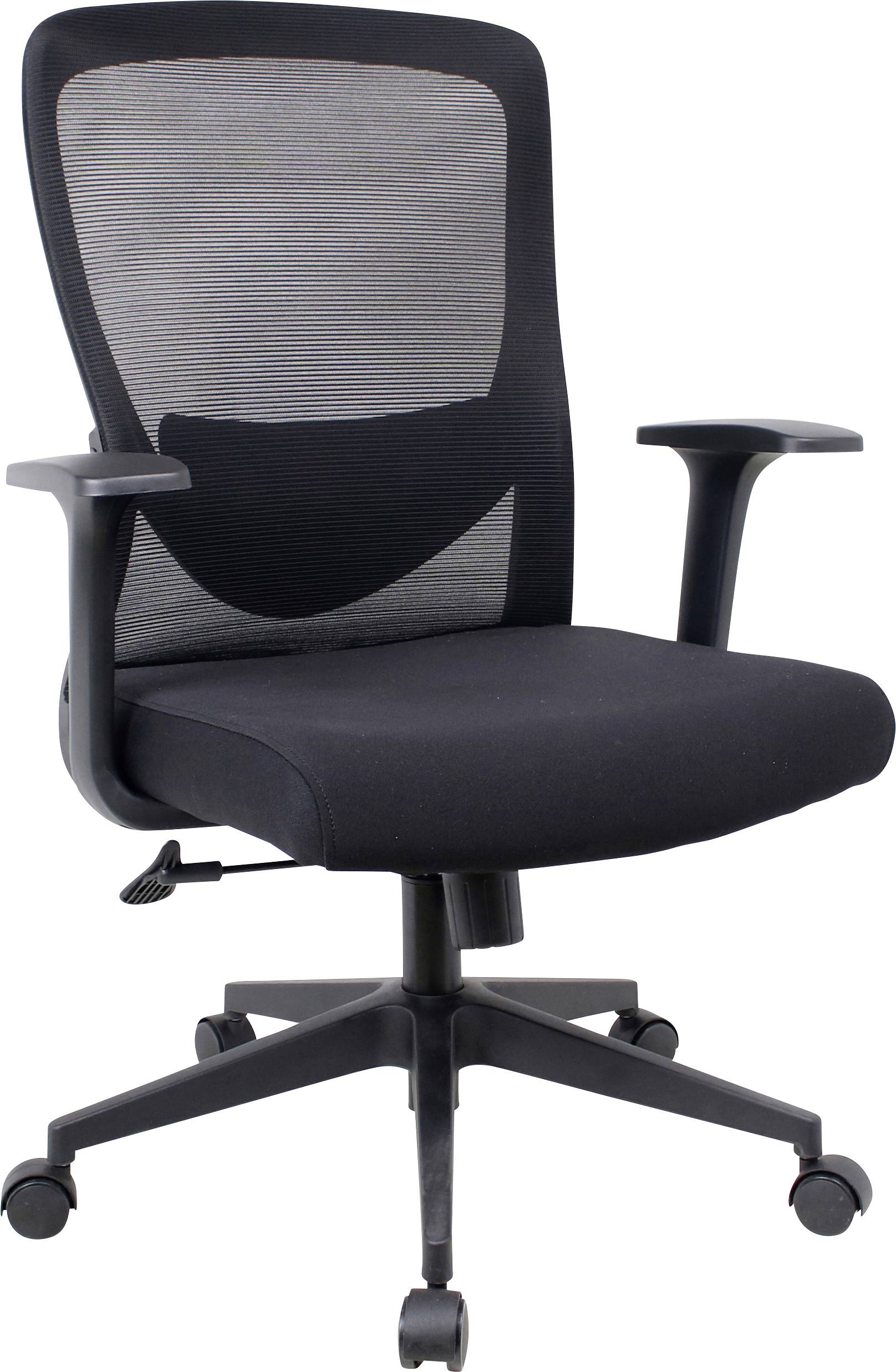 Schwarzer ergonomischer Bürostuhl mit verstellbaren Armlehnen und Rückenlehne aus Netzstoff auf Rollenfuß.