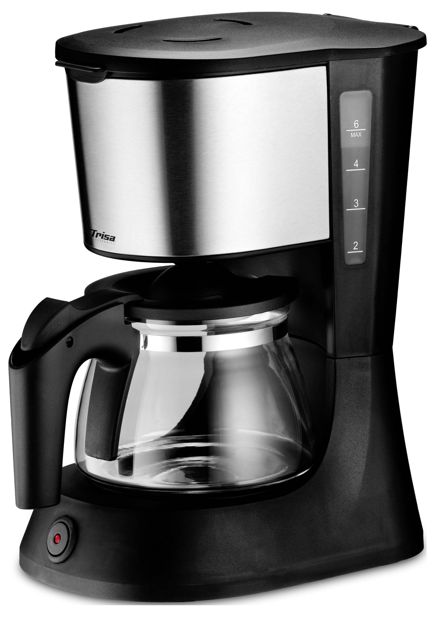 Eine schwarze und silberne Filterkaffeemaschine mit einer Glaskanne, die Messskalen an der Seite aufweist, steht auf einem weißen Hintergrund.