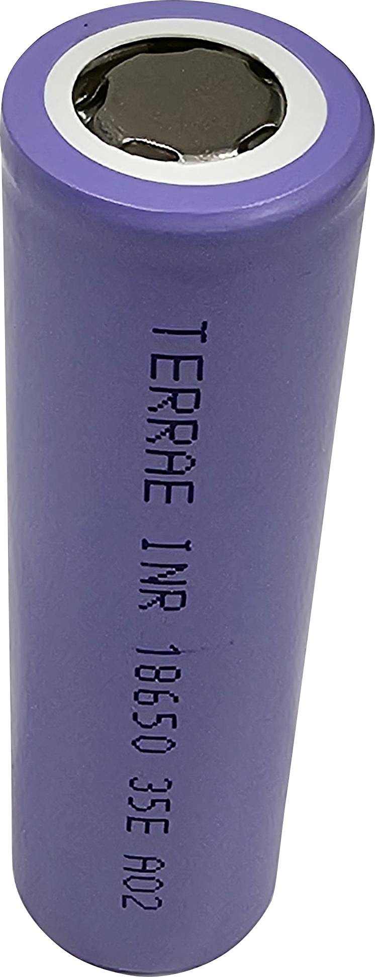 Eine violette zylindrische Batterie mit der Aufschrift 'TERRAE INR 18650 35E'.