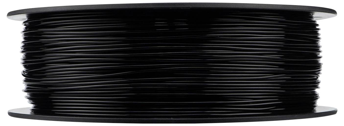 Eine Spule schwarzen Filaments, das üblicherweise beim 3D-Druck verwendet wird, mit einer fest gewickelten Materialrolle auf einer zylindrischen Spule.