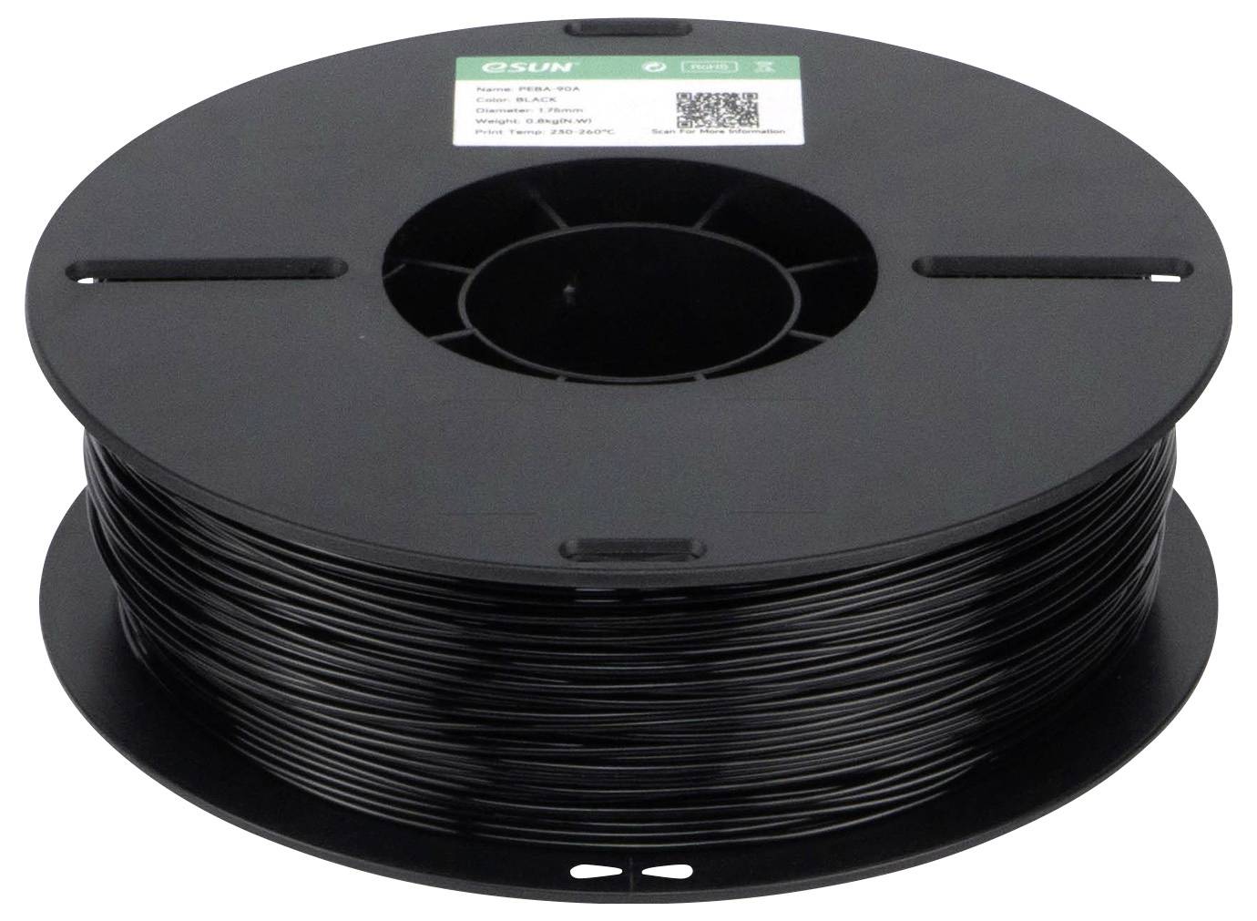 Eine Spule schwarzes 3D-Druckerfilament, beschriftet mit dem Markennamen und den Spezifikationen, geeignet für verschiedene 3D-Druckprojekte.