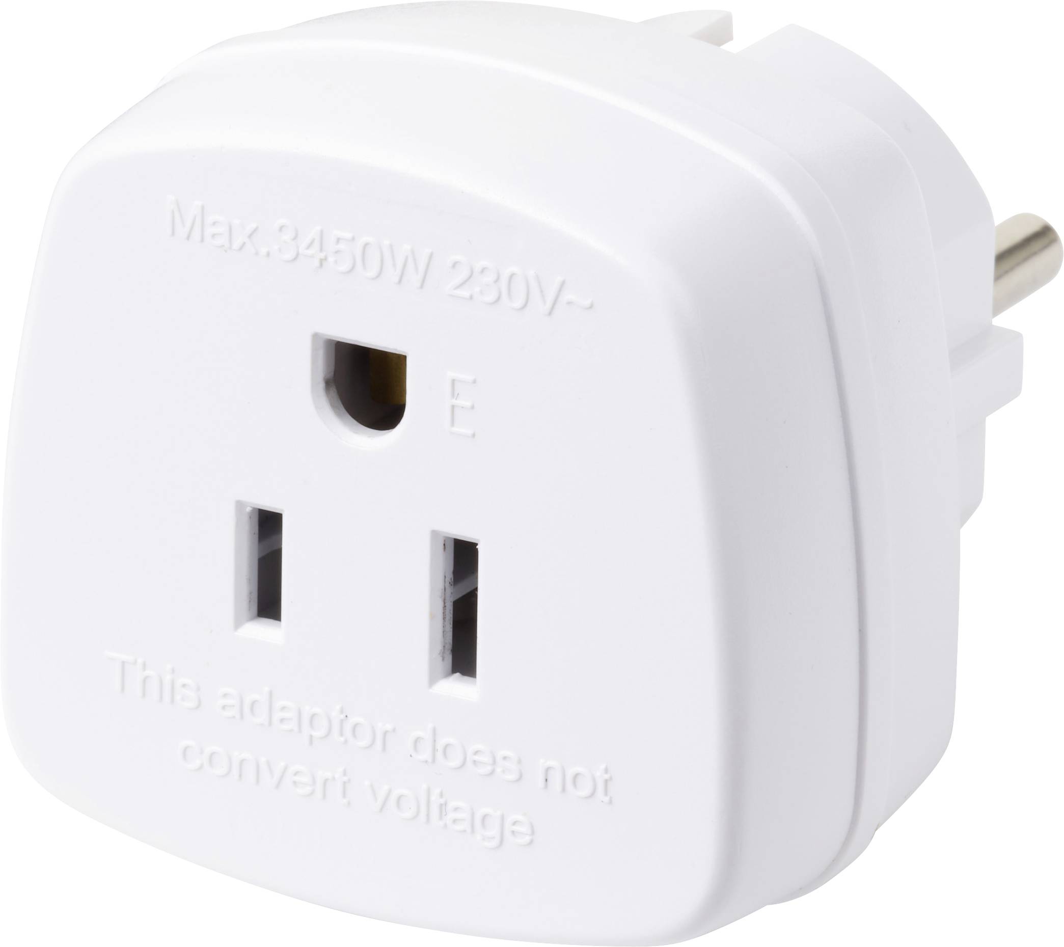 Ein weißer elektrischer Steckdosenadapter mit zwei vertikalen Stiften und einer geerdeten Öffnung, beschriftet mit ‚Max 3450W 230V'. Hinweis: ‚Dieser Adapter konvertiert keine Spannung'.