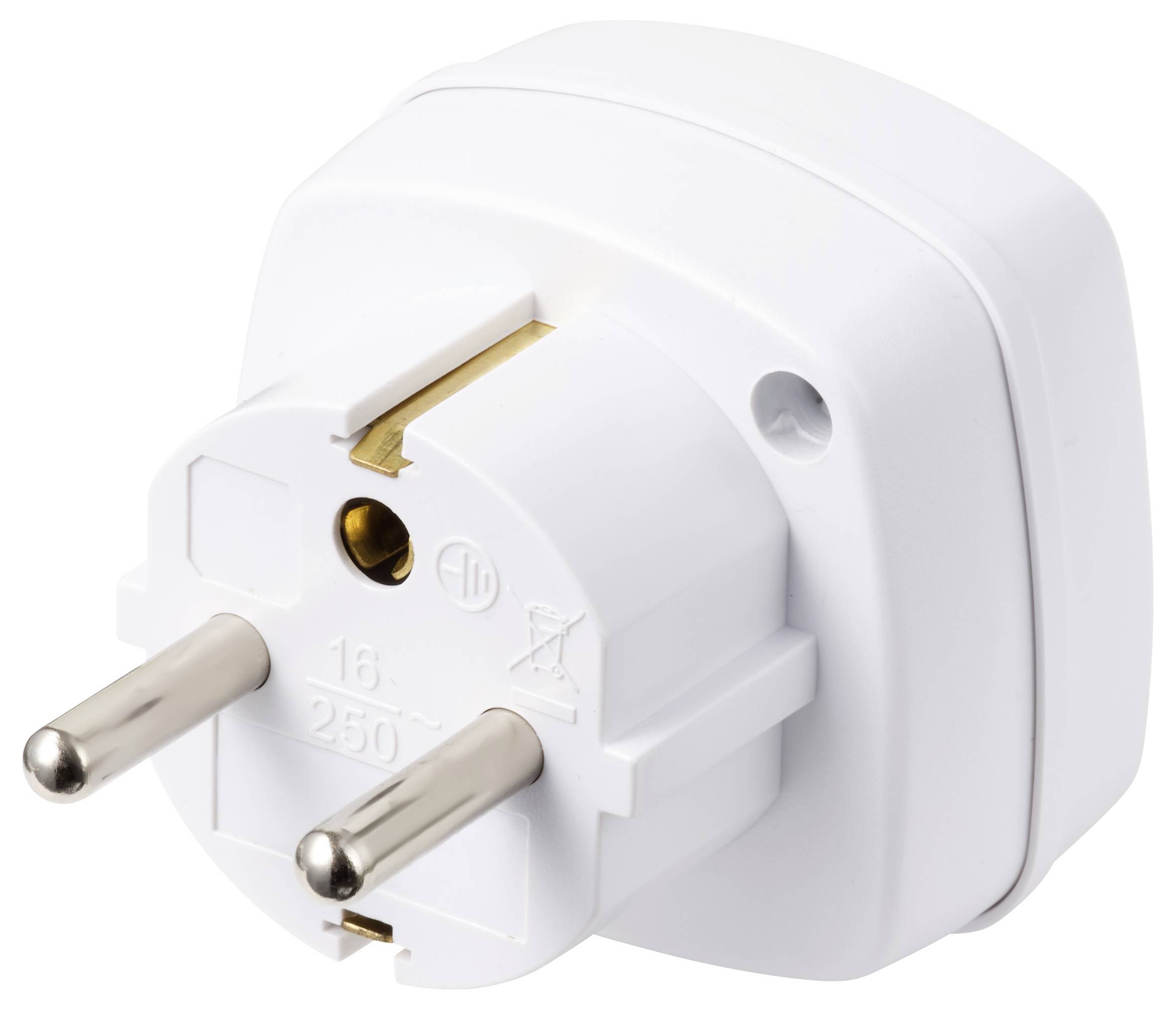 Ein weißer elektrischer Steckdosenadapter mit zwei runden Stiften, geeignet für europäische Steckdosen, der Spannungs- und Strommarkierungen zeigt.