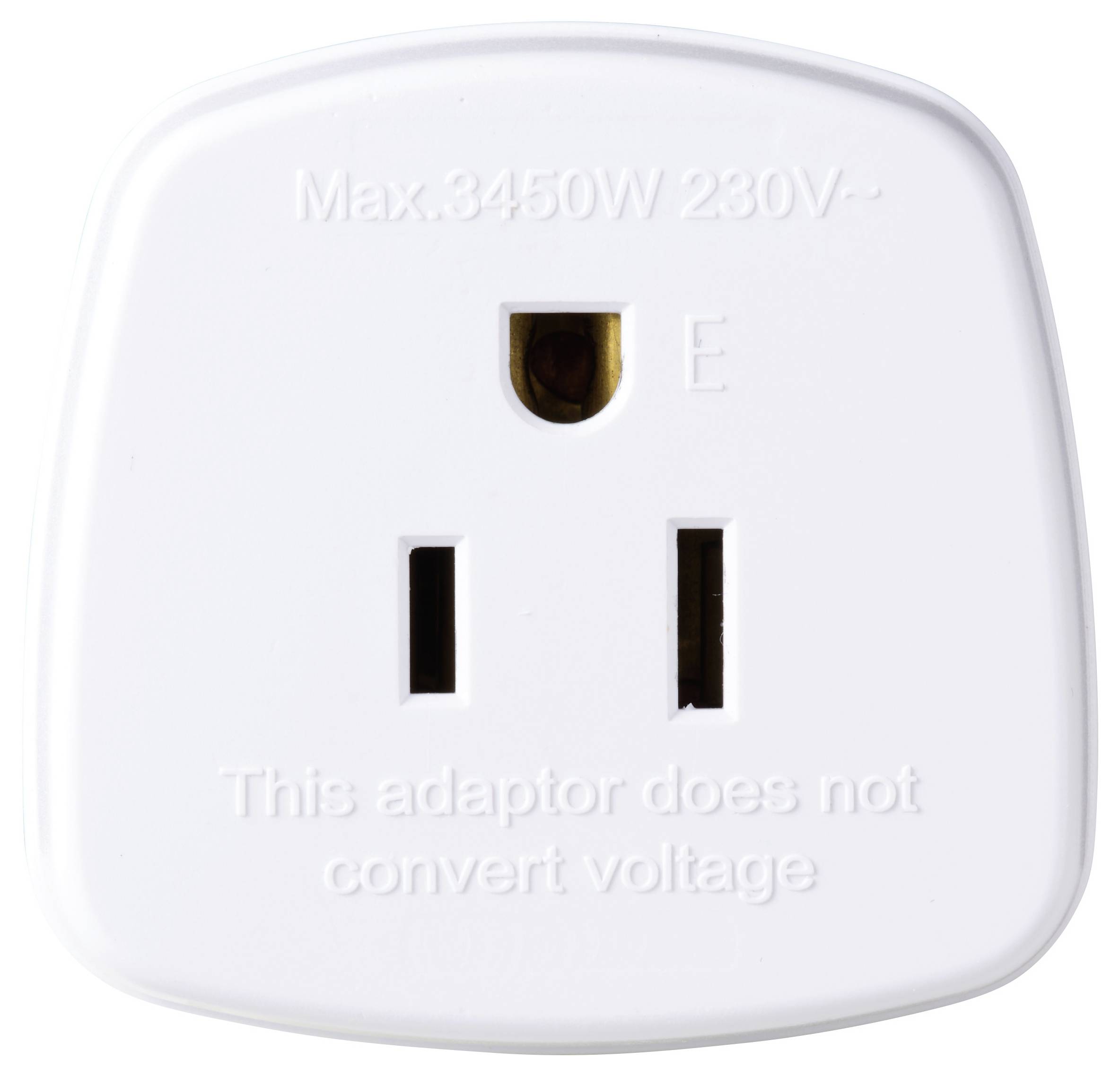 Weißer Netzadapter mit Angabe 'Max. 3450W 230V', 'E', und 'Dieser Adapter konvertiert keine Spannung'.