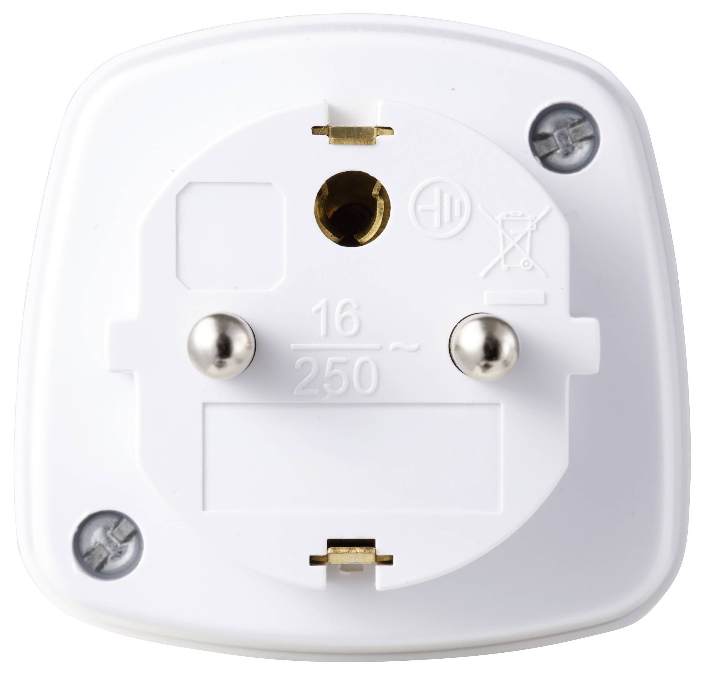 Eine Nahaufnahme eines weißen elektrischen Steckeradapters mit zwei Metallzinken, beschriftet mit '16 250~', der für europäische Steckdosen entwickelt wurde.