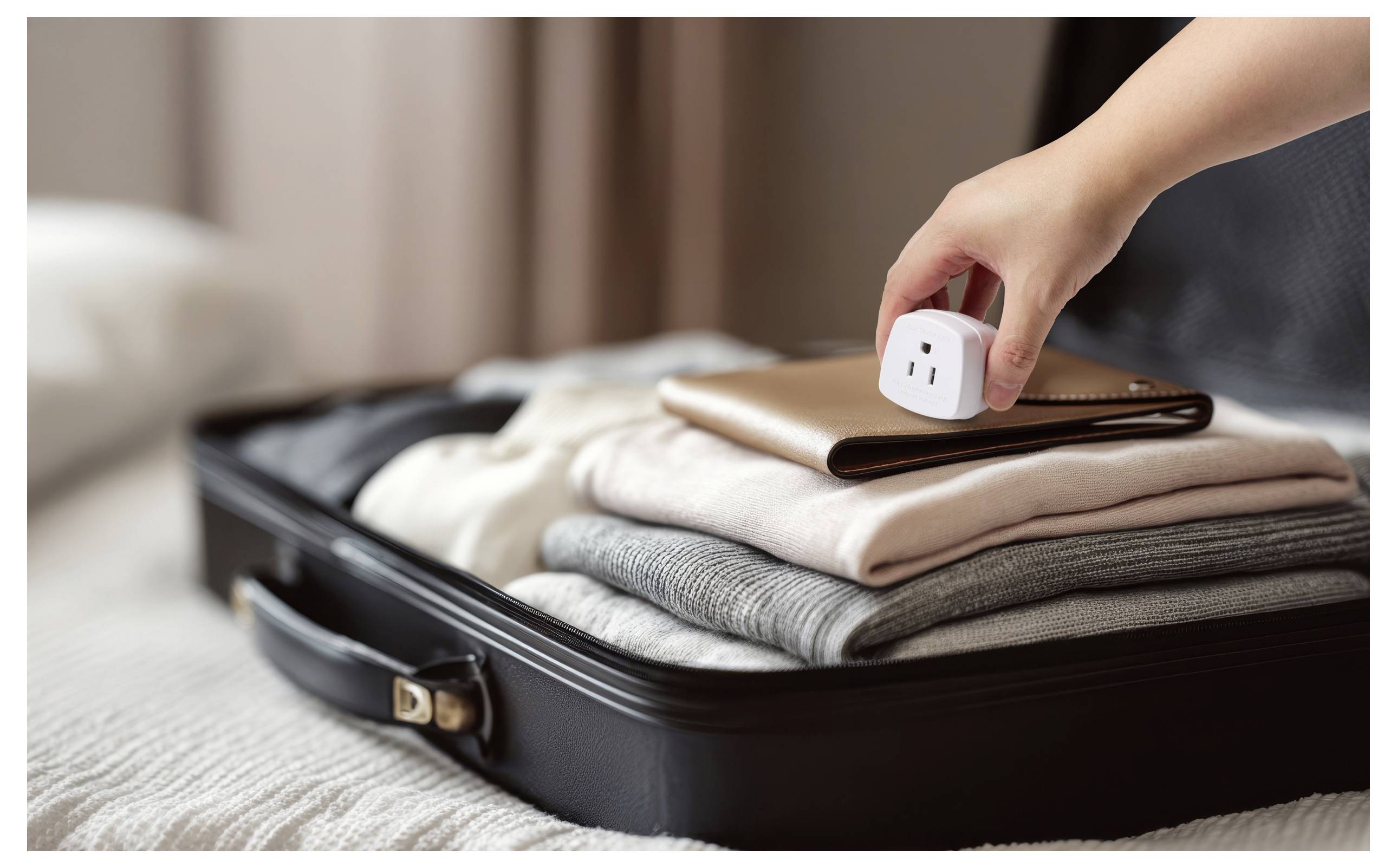 Eine Person legt einen Reiseadapter auf ordentlich zusammengelegte Kleidungsstücke in einen offenen Koffer und bereitet sich auf eine Reise vor.