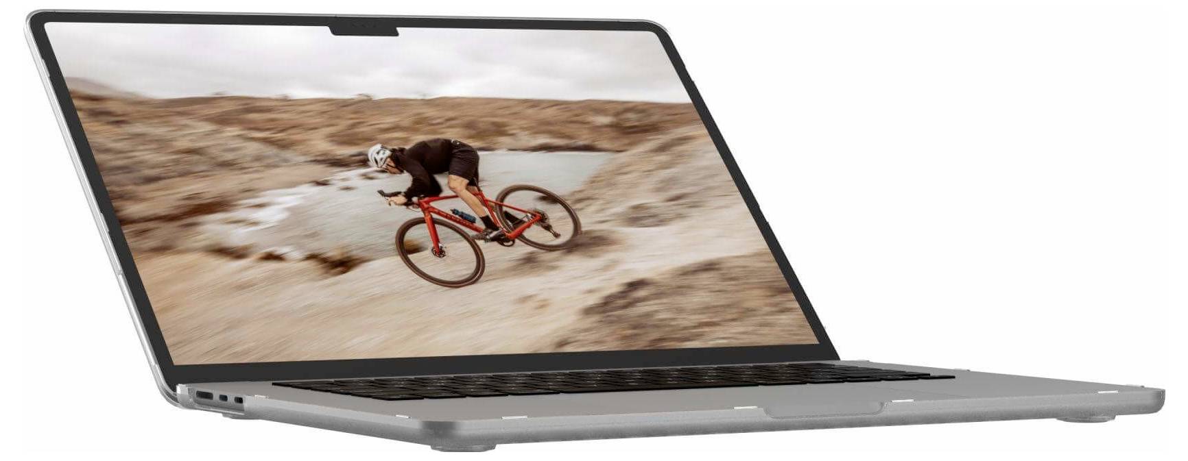 Ein schlankes, offenes Laptop zeigt ein Bild eines Radfahrers in einer Landschaft und unterstreicht dabei die hochauflösende Bildschirmqualität des Geräts.