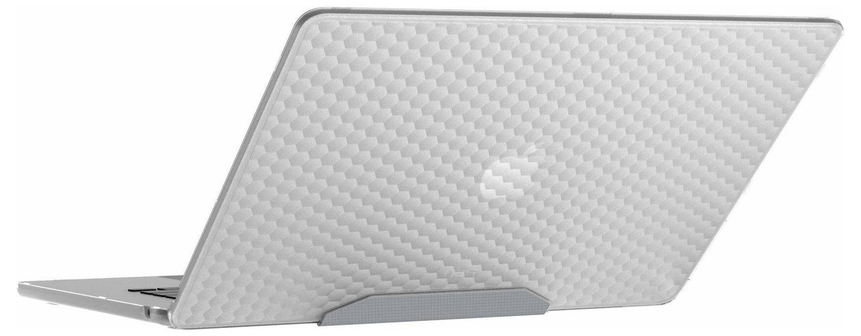 Ein silberner Laptop mit einer strukturierten Oberfläche, von hinten betrachtet, teilweise geöffnet und auf einem Tisch stehend.