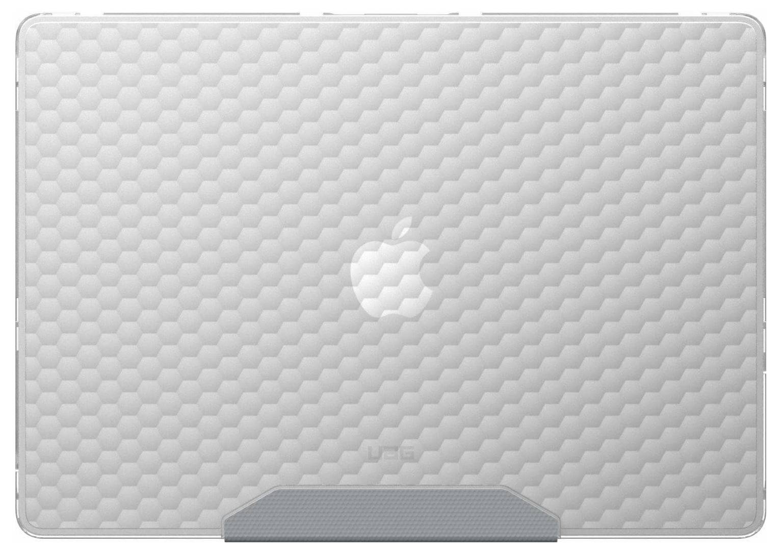 Eine strukturierte Laptophülle mit einem sechseckigen Muster und einem Apple-Logo auf der Rückseite. Die Hülle ist überwiegend weiß mit einem grauen Rand.