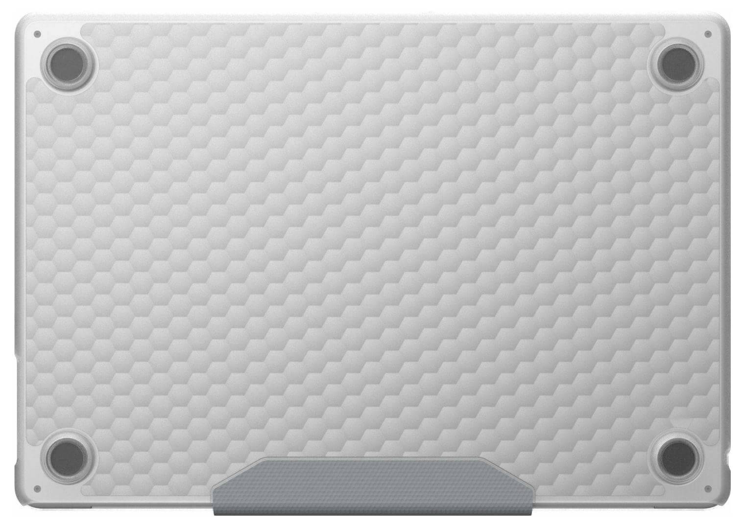 Das Bild zeigt die Unterseite eines Laptops mit einem strukturierten sechseckigen Muster, vier runden Gummifüßen an jeder Ecke und einem grauen Lüftungsschlitz.