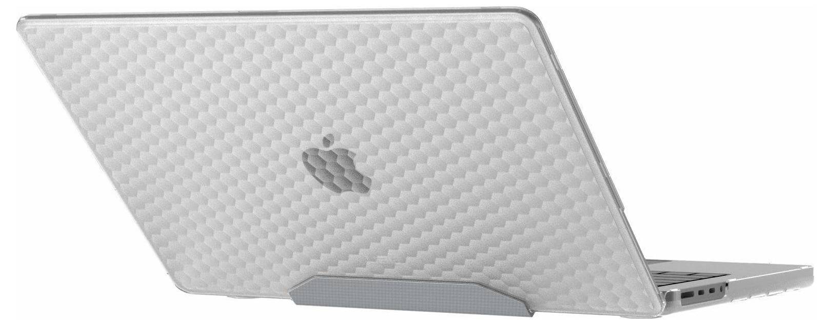 Ein silberner Laptop mit einem charakteristischen strukturierten Muster auf dem Deckel ist leicht geöffnet abgebildet, wobei einige Anschlüsse an der Seite sichtbar sind.