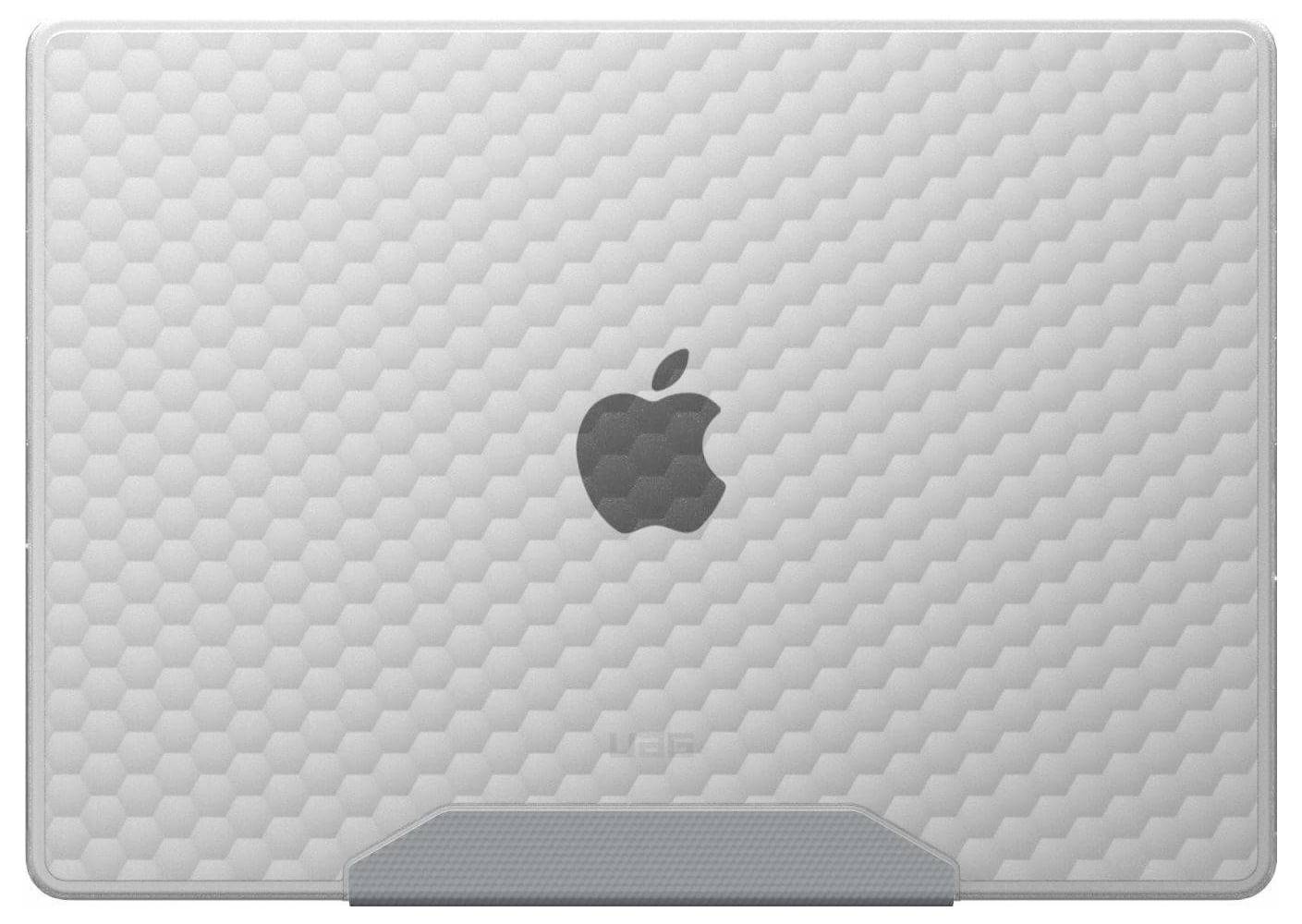 Eine weiße Laptophülle mit einem sechseckigen Muster, auf dem prominent das Apple-Logo in der Mitte platziert ist.