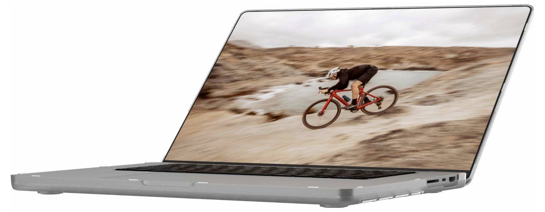 Ein Laptop, der ein Bild eines Radfahrers zeigt, der auf einem roten Fahrrad über felsiges Gelände fährt und dabei Aktion und Abenteuer vermittelt.
