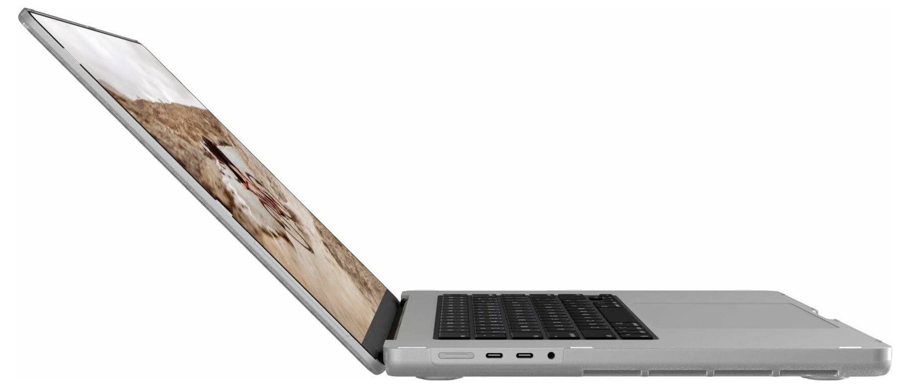 Ein schlanker, dünner Laptop mit einer Seitenansicht, die seine geschlossene Position und verschiedene Anschlüsse zeigt, mit einem landschaftlichen Bildschirmbild im Hintergrund.