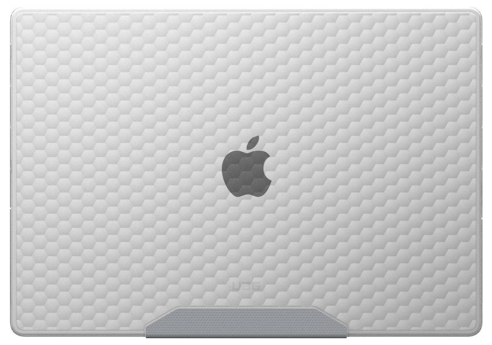 Eine strukturierte Laptop-Hülle mit einem sechseckigen Muster und einem zentralen Tech-Logo, die ein modernes und schlankes Erscheinungsbild bietet.