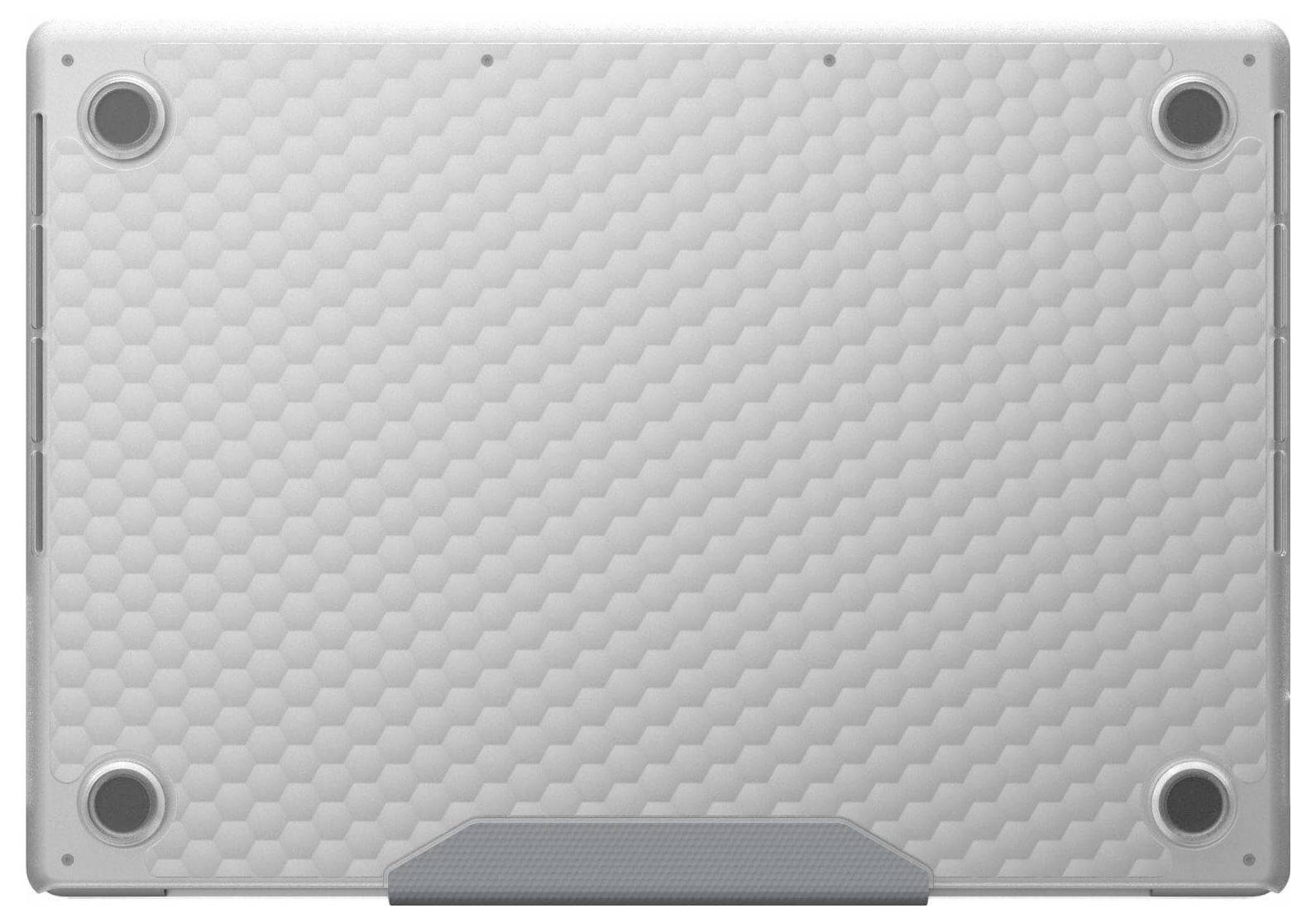 Das Bild zeigt die Unterseite eines Laptops mit einem sechseckigen Muster und sichtbaren Gummifüßen an jeder Ecke, die für Stabilität konzipiert sind.