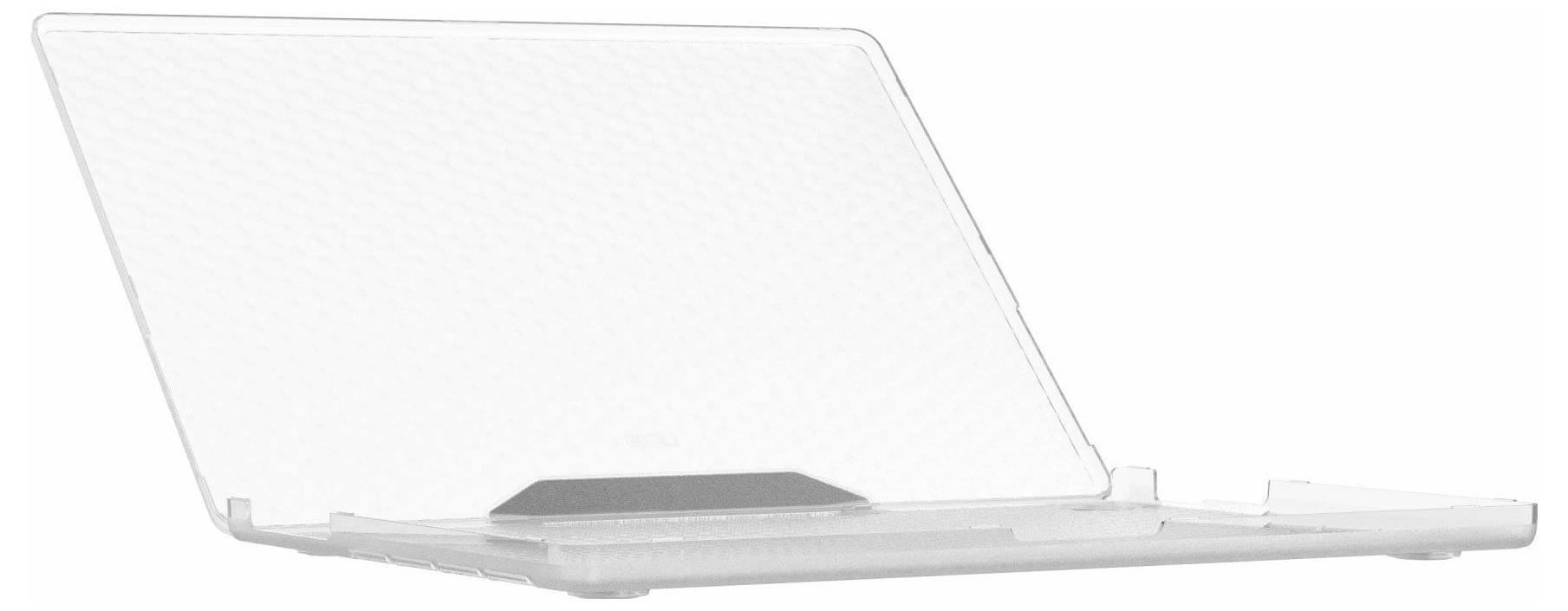 Laptop mit einer transparenten Schutzhülle vor weißem Hintergrund, leicht seitlich aufgenommen, wobei Tastatur und Bildschirm zu sehen sind.