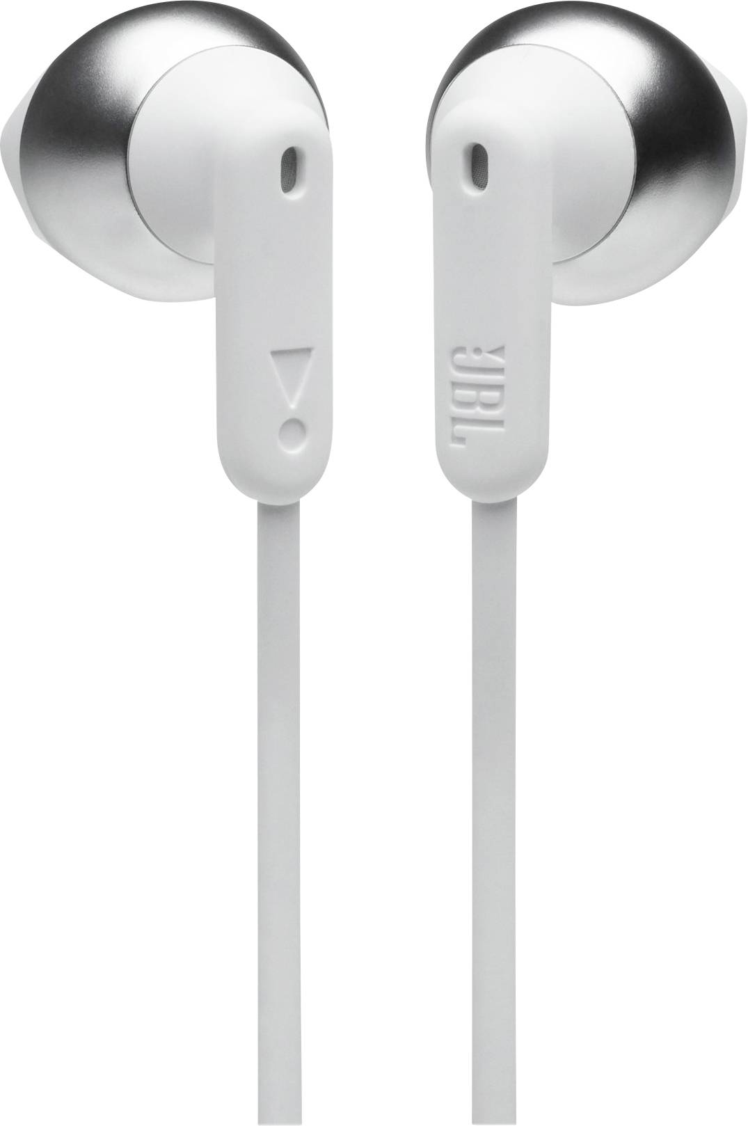 Weiße und silberne In-Ear-Kopfhörer mit flachem Kabeldesign und 'JBL'-Branding auf den Ohrhörern.