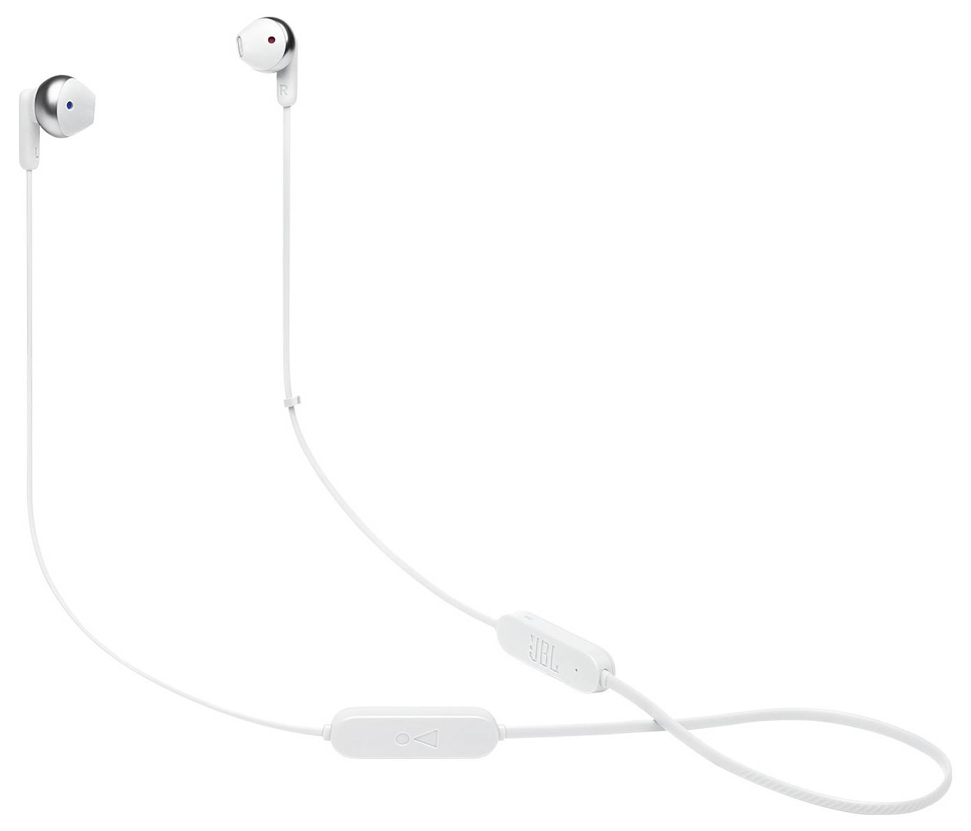 Weiße kabellose Ohrhörer mit integriertem Mikrofon und Fernbedienung an einem Verbindungskabel.