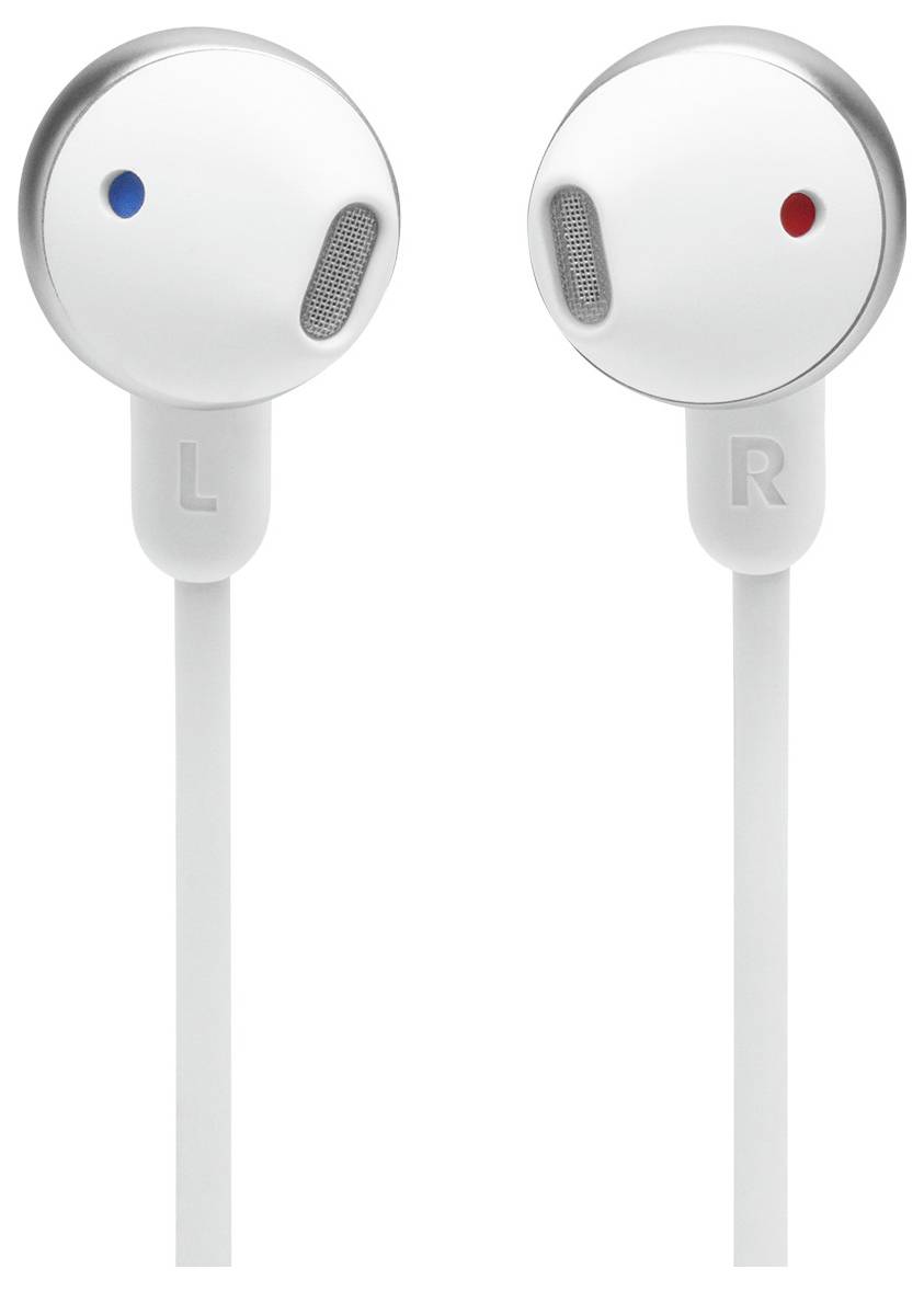 Zwei weiße Ohrhörer mit den Beschriftungen „L