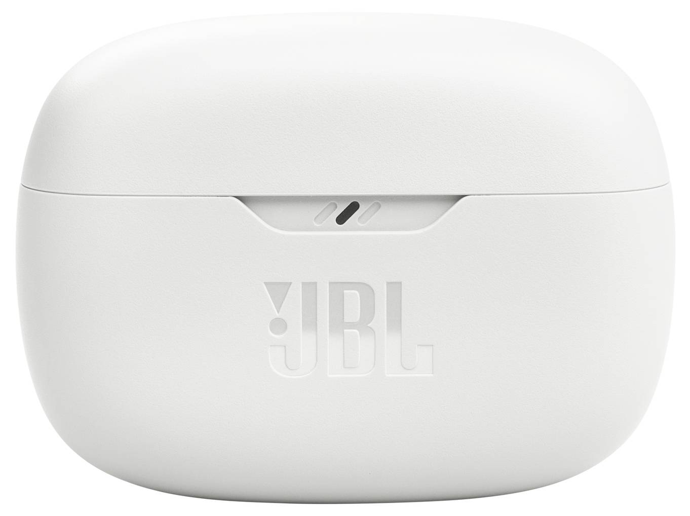 Weißes JBL-Ohrhörertui geschlossen, mit prominent sichtbarem JBL-Logo.