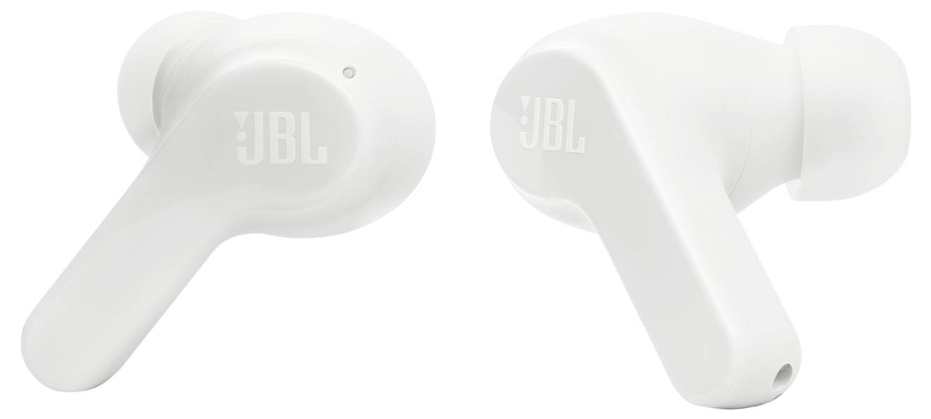Weiße JBL-Wireless-Ohrhörer aus zwei Perspektiven, die ihr ergonomisches Design und das Markenlogo hervorheben.