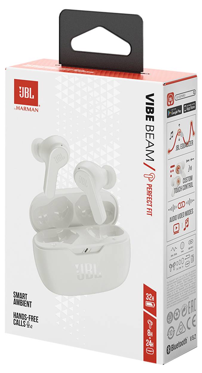 JBL Vibe Beam Ohrhörer-Verpackung mit Produktabbildung, Funktionen wie „32H Akkulaufzeit