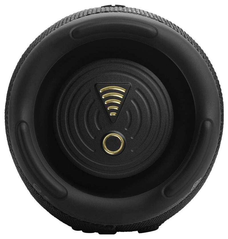 Ein schwarzes zylindrisches Gerät mit einer strukturierten Oberfläche, das ein goldenes drahtloses Symbol und einen kreisförmigen Knopf in der Mitte oben aufweist.