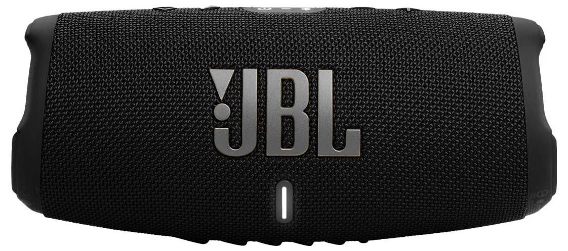 Ein schwarzer JBL tragbarer Bluetooth-Lautsprecher mit einer Netzaußenschicht und dem JBL-Logo, das prominent an der Vorderseite angebracht ist.