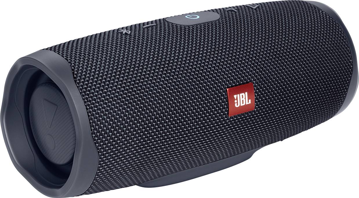 Ein zylindrischer, tragbarer Bluetooth-Lautsprecher mit strukturierter schwarzer Oberfläche und rotem 'JBL' Logo, entwickelt für drahtlose Audioiederwiedergabe.