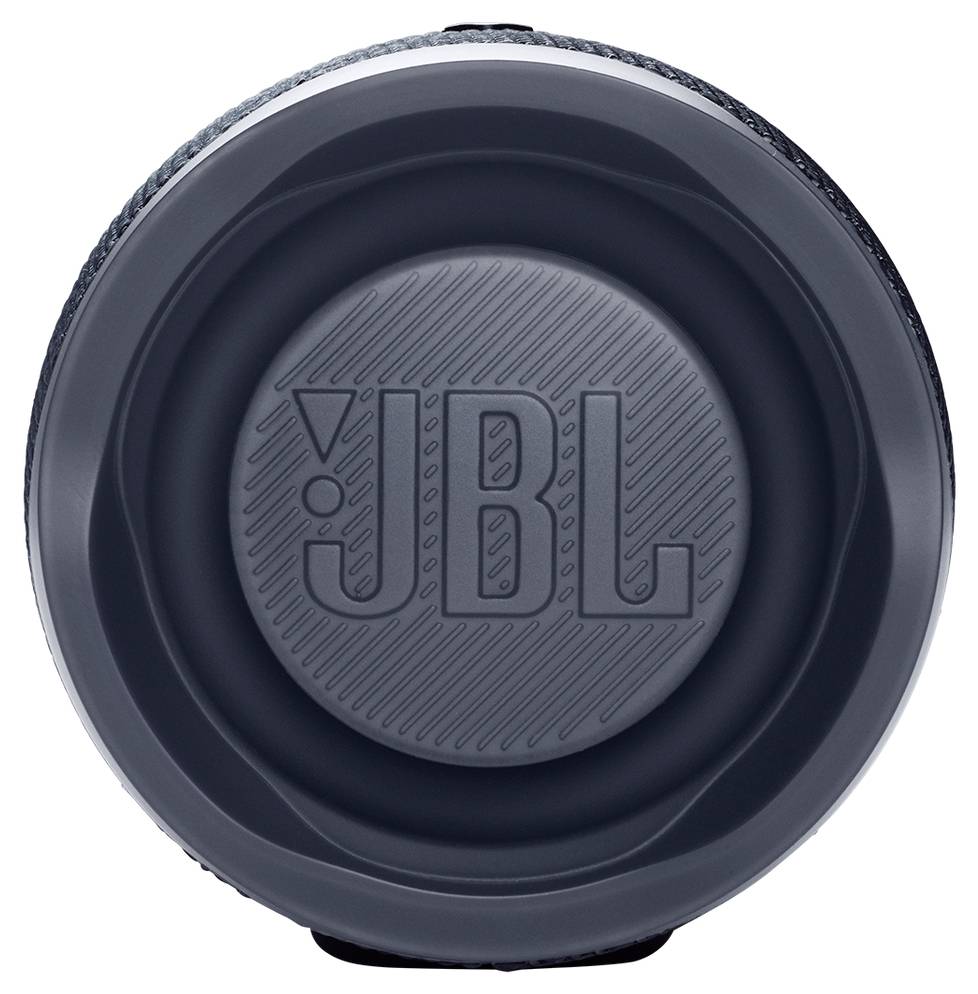 Ein runder, dunkelgrauer JBL-Lautsprecher, von vorne betrachtet, mit dem JBL-Logo prominent in der Mitte.