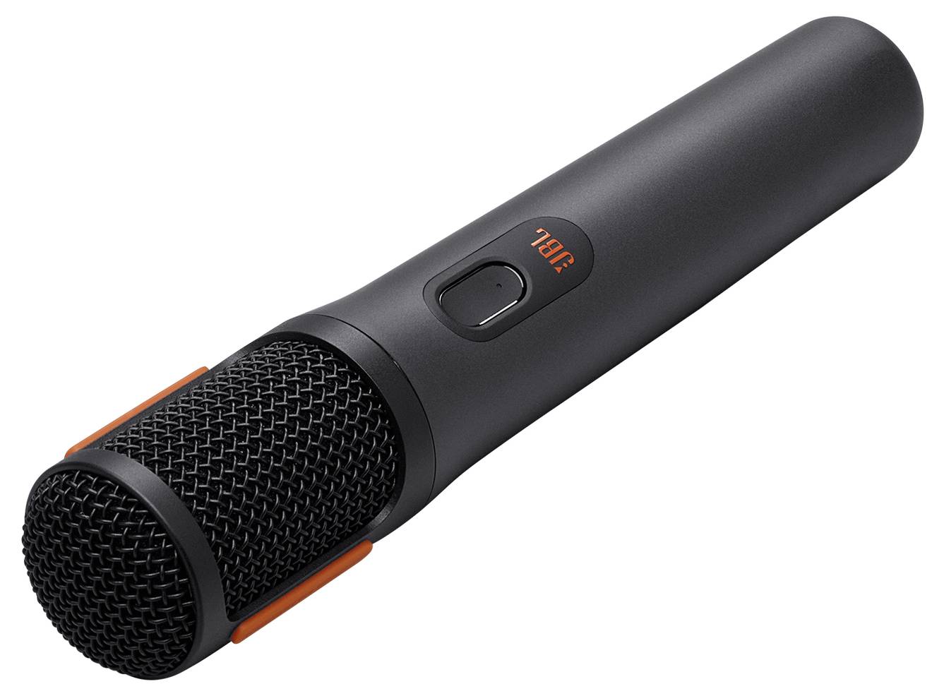 Ein schwarzes Handmikrofon mit einem orangefarbenen Schalter und Akzenten, geeignet für Live-Auftritte oder Präsentationen.